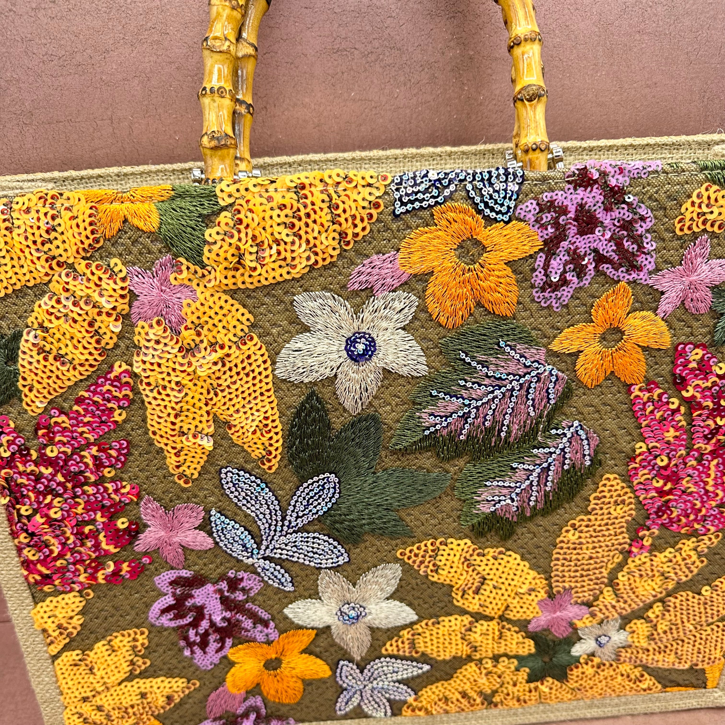 Bamboo Handle Embroidered & Sequin Tote