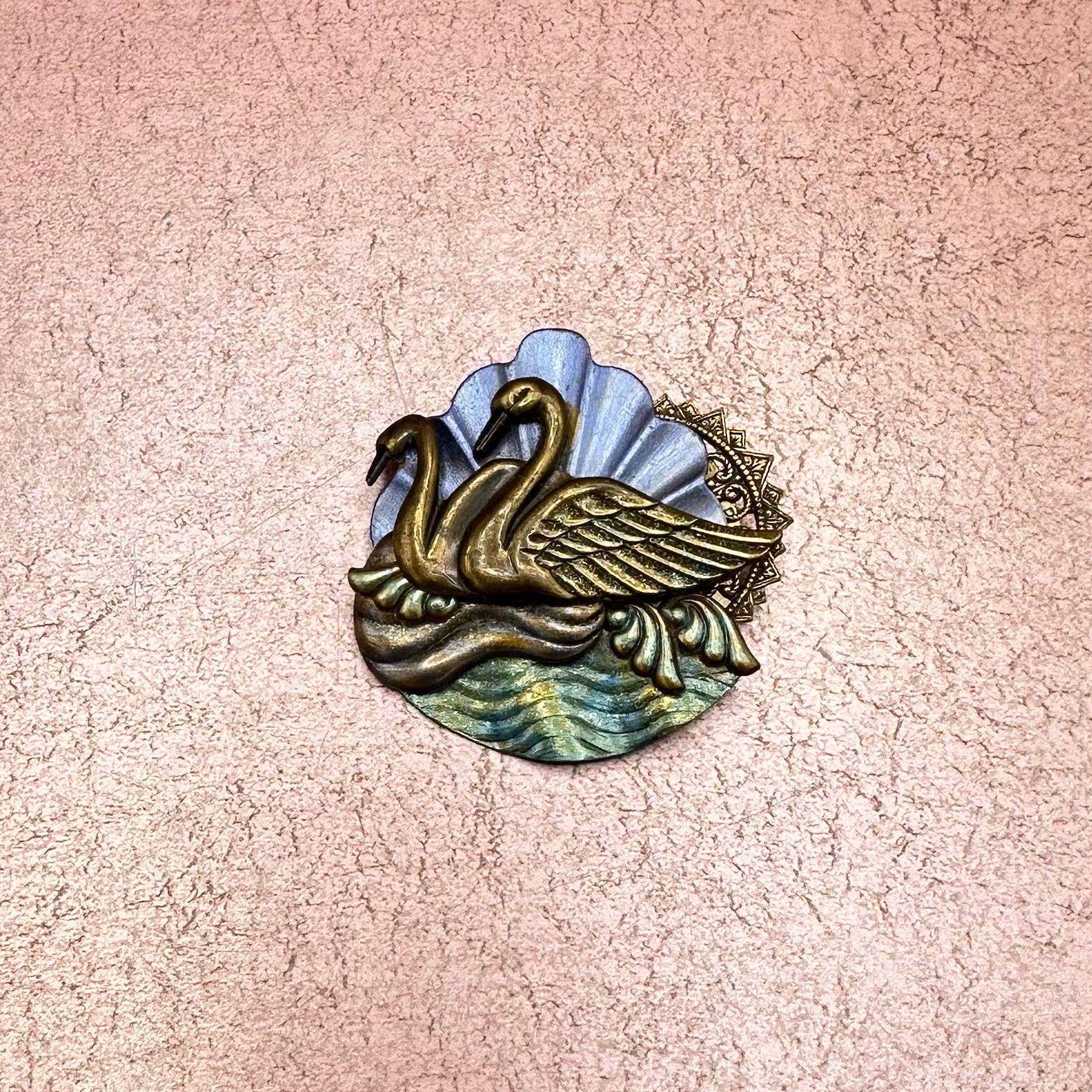 Vintage Double Swan Brass w/ Blue & Green Brooch