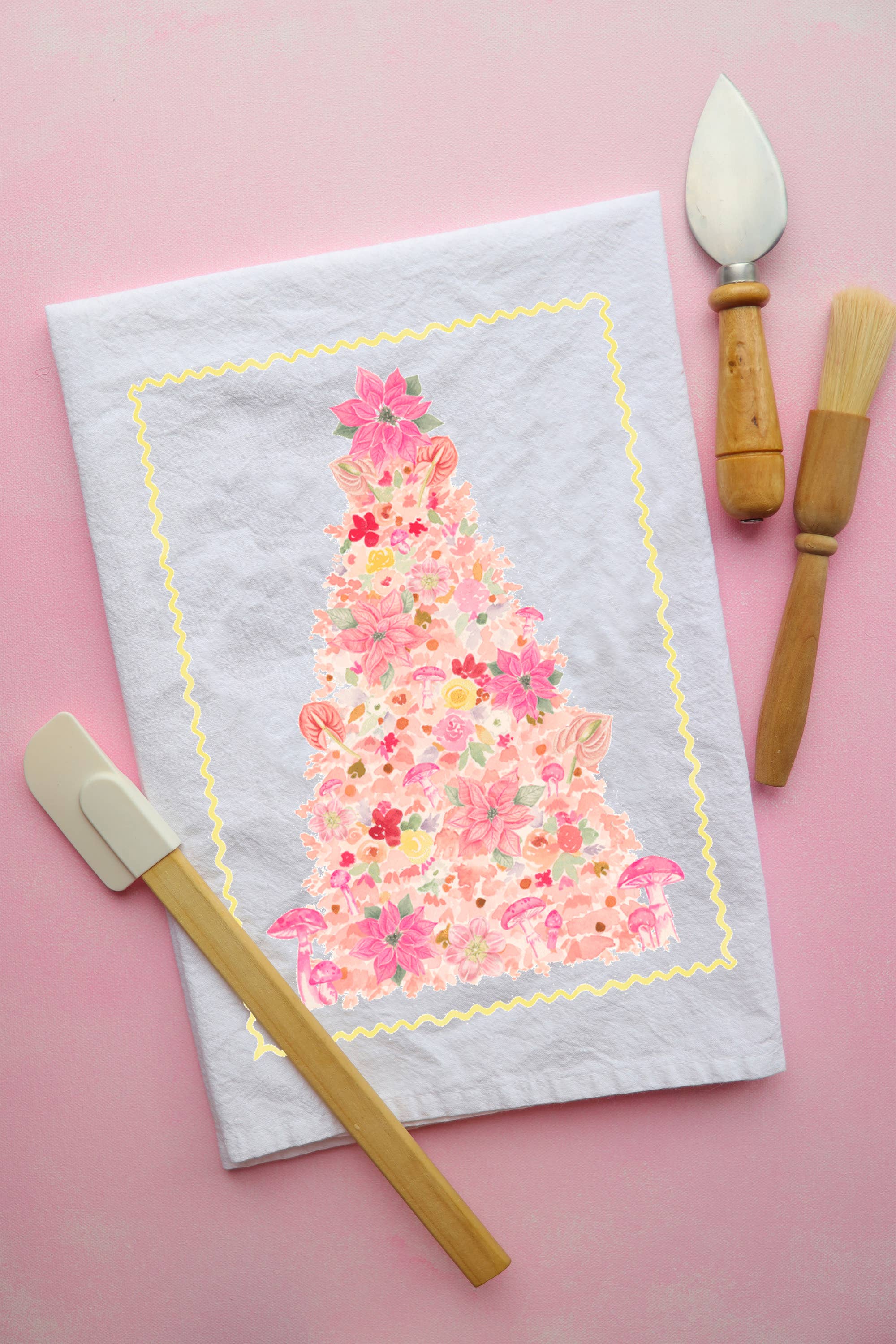 Whimsical Pink Poinsettia Christmas Tea Towel