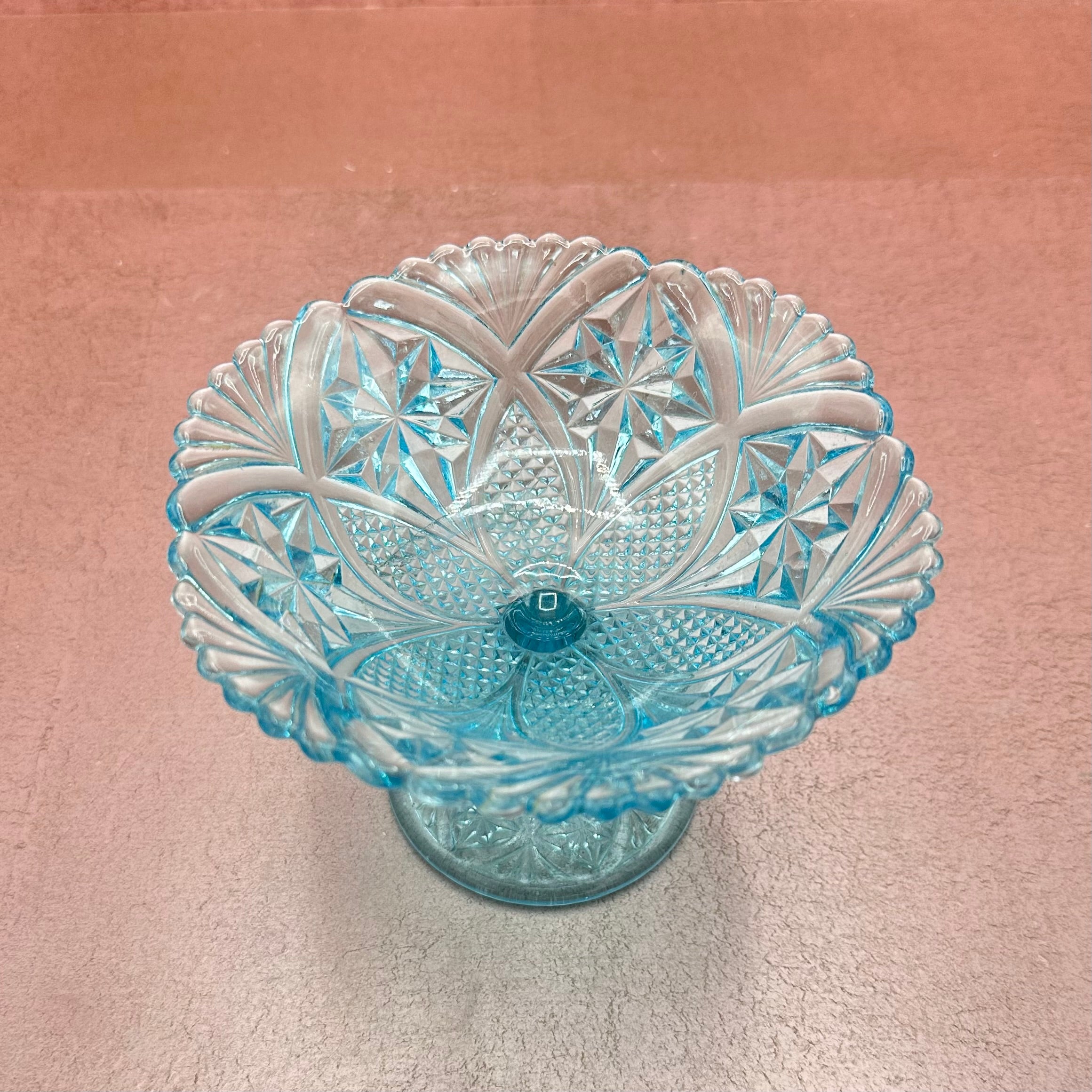 Vintage Aqua Pressed Cut Glass Compote