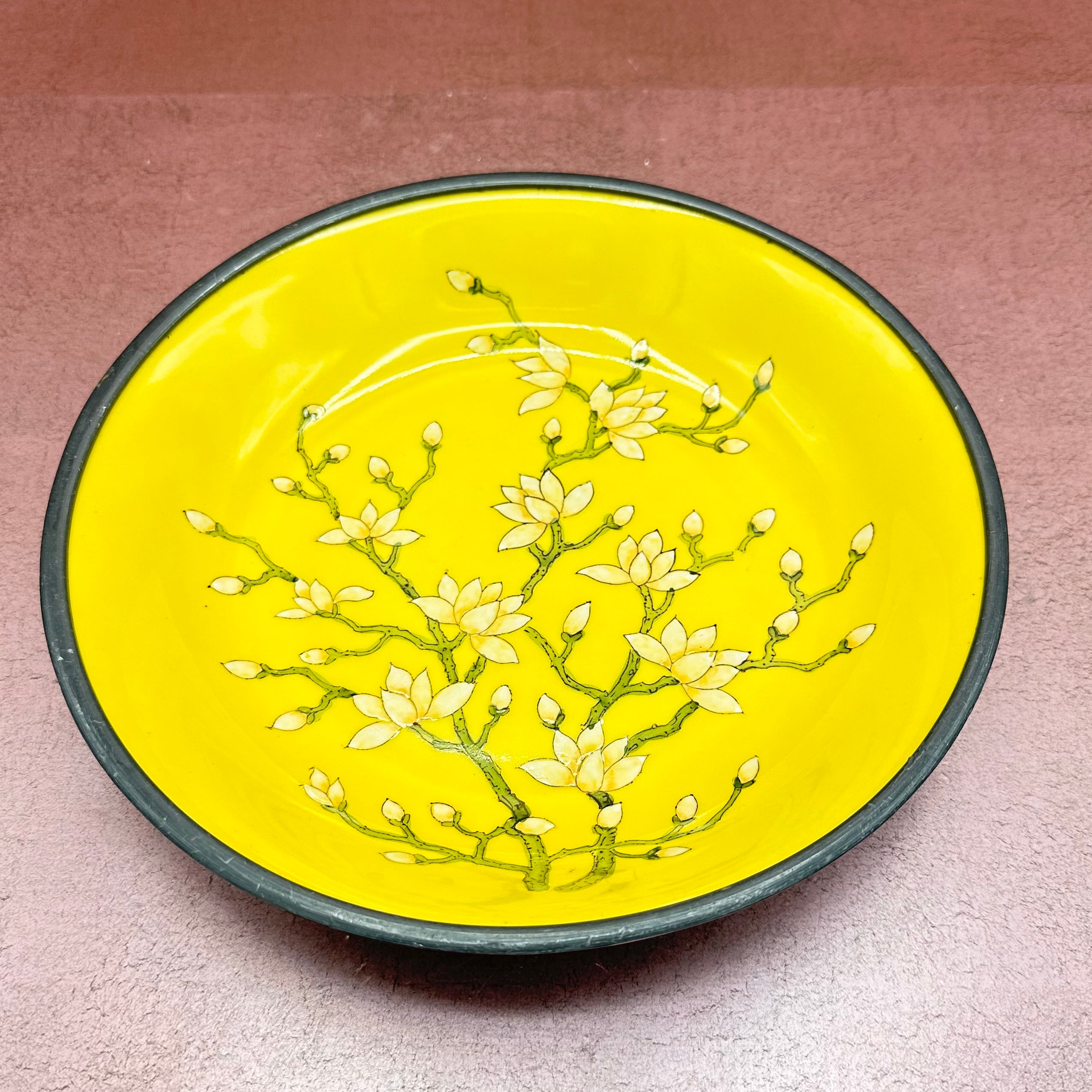 Yellow Porcelain Bowl Encased in Pewter