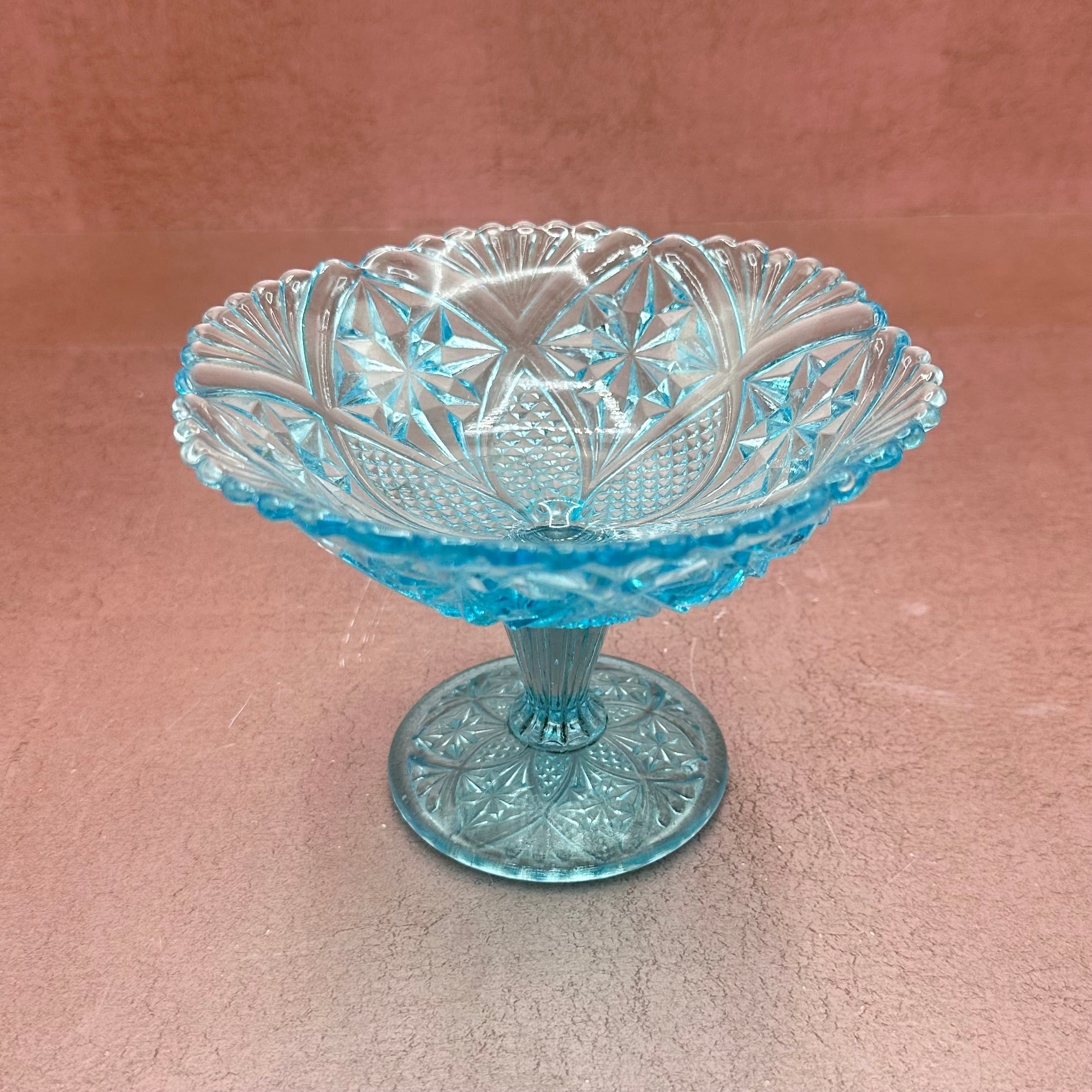 Vintage Aqua Pressed Cut Glass Compote