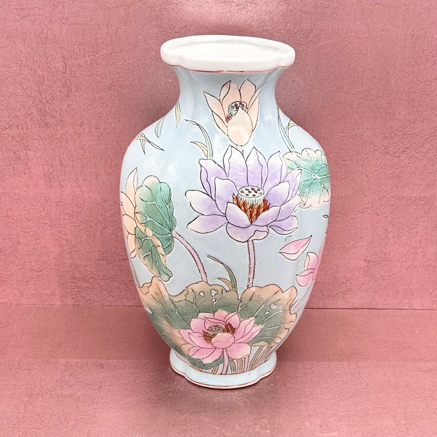 Vintage Lotus Flower Asian Vase