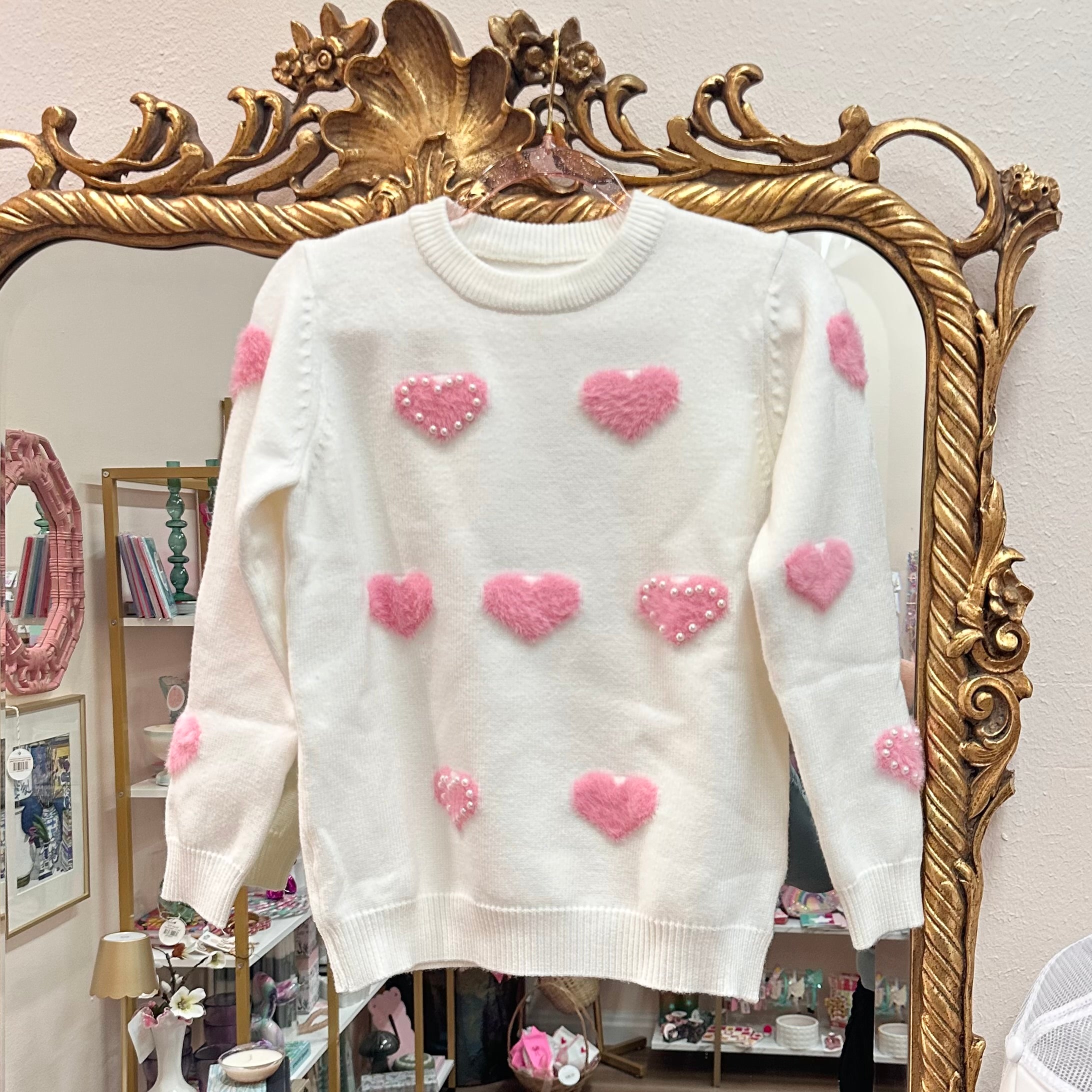 White w/ Pink Hearts & Pearls Sweater