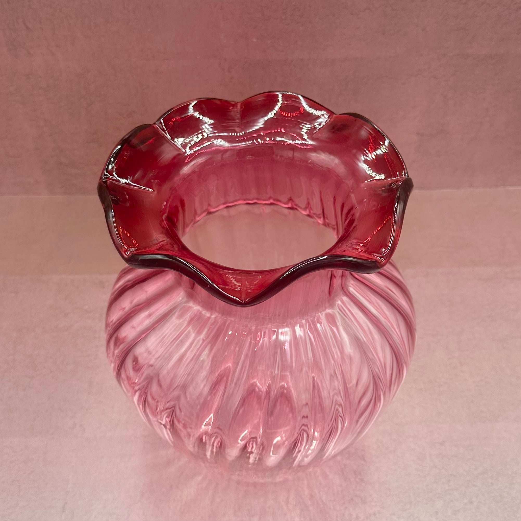 Twisted Cranberry Glass Ruffle Edge Vase