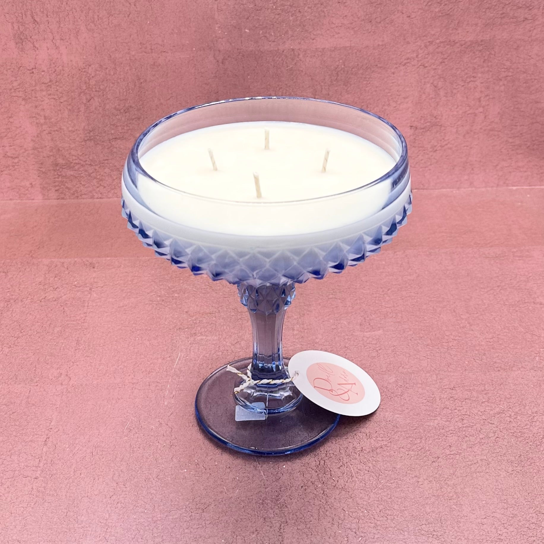 Vintage Blue Cut Glass Compote w/ Candle