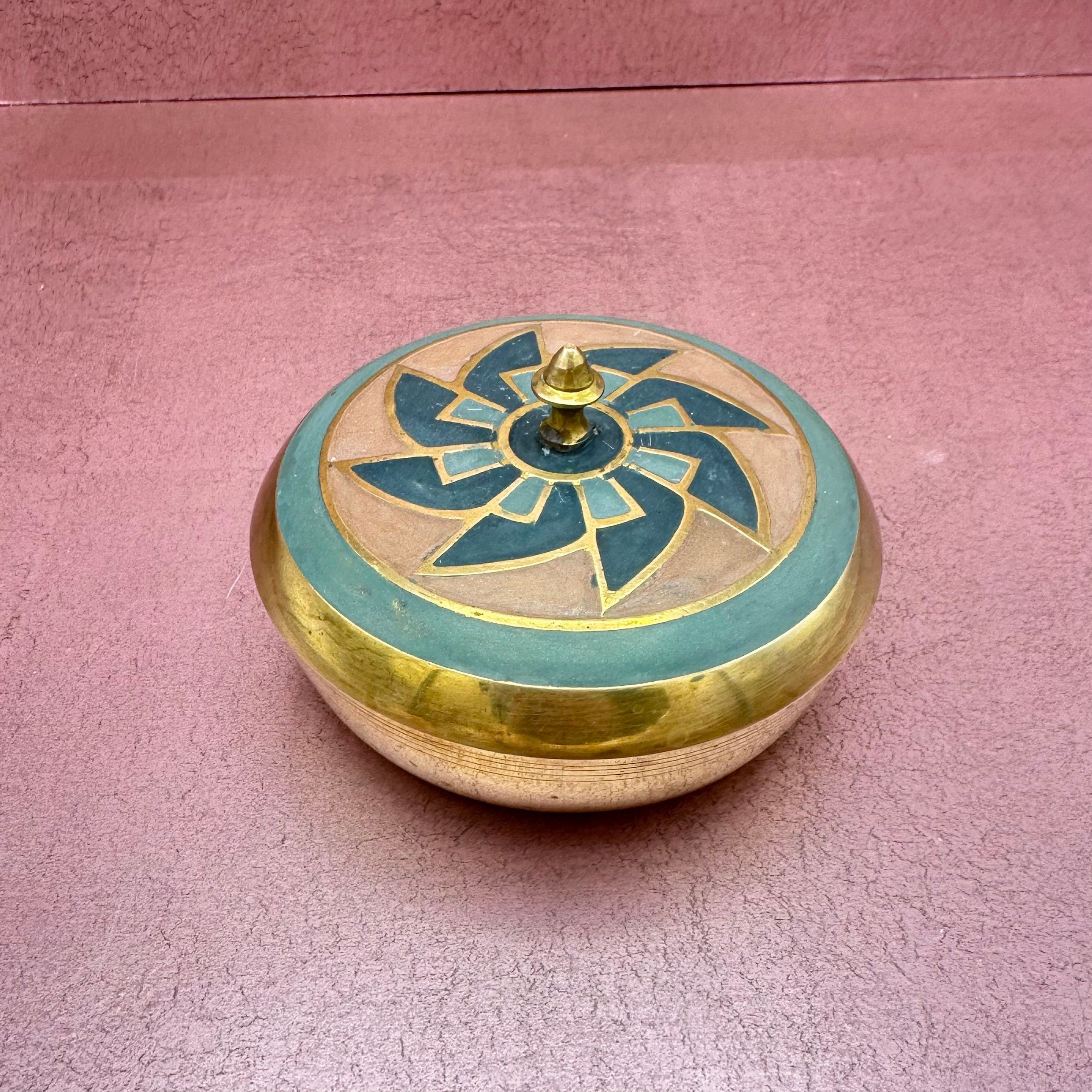 Cloisonne Style Brass Lidded Bowl w/ Fan Pattern