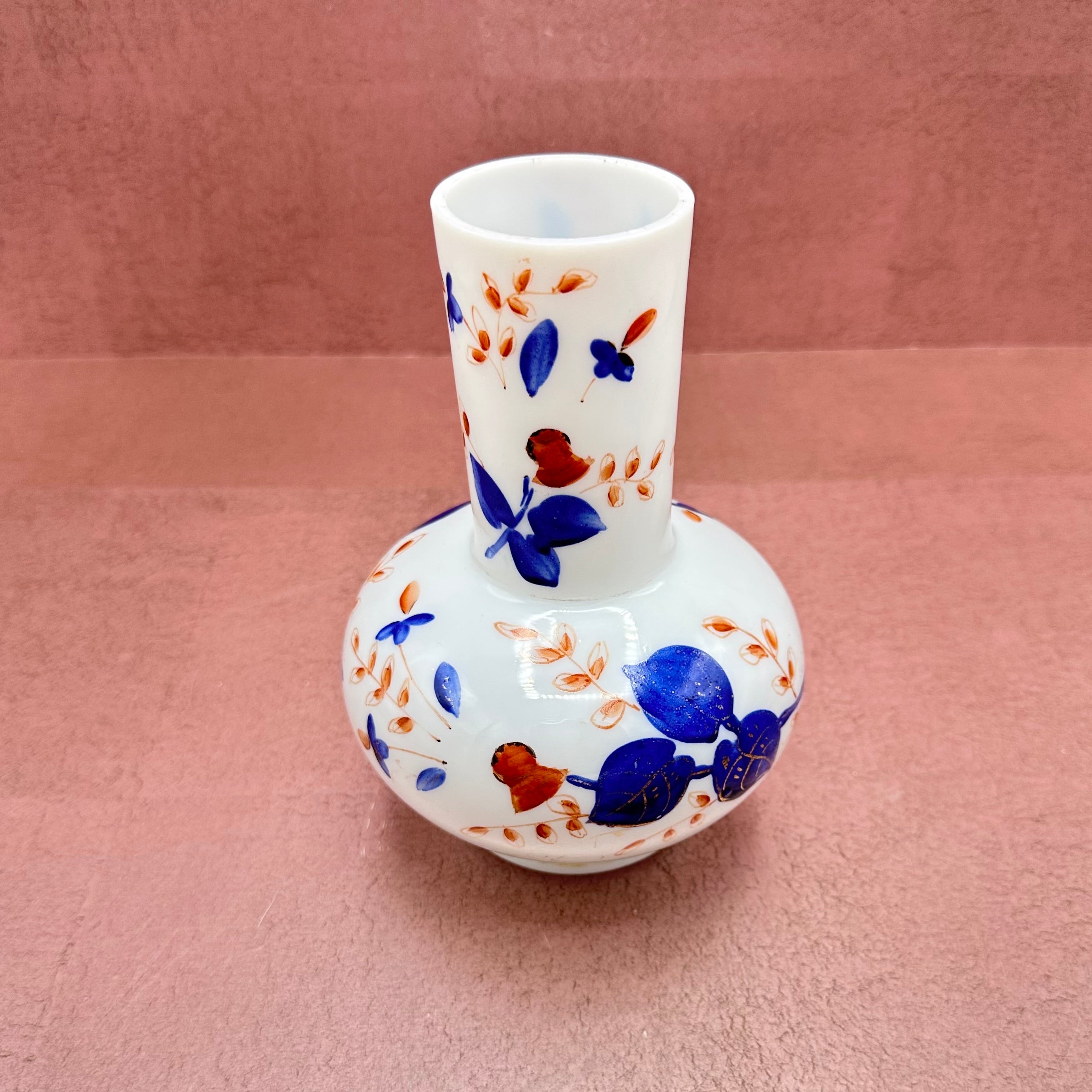 White Glass Vase w/ Orange and Blue Painted Leaves