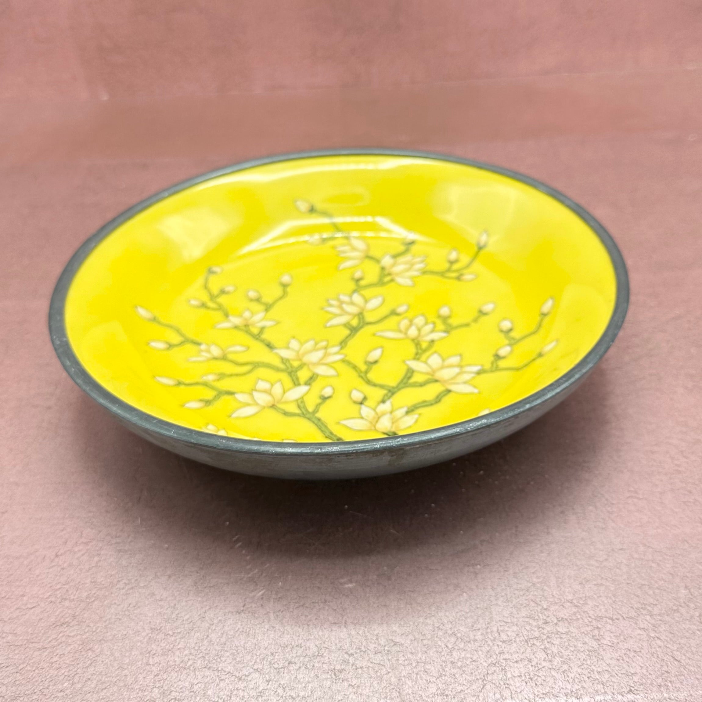 Yellow Porcelain Bowl Encased in Pewter