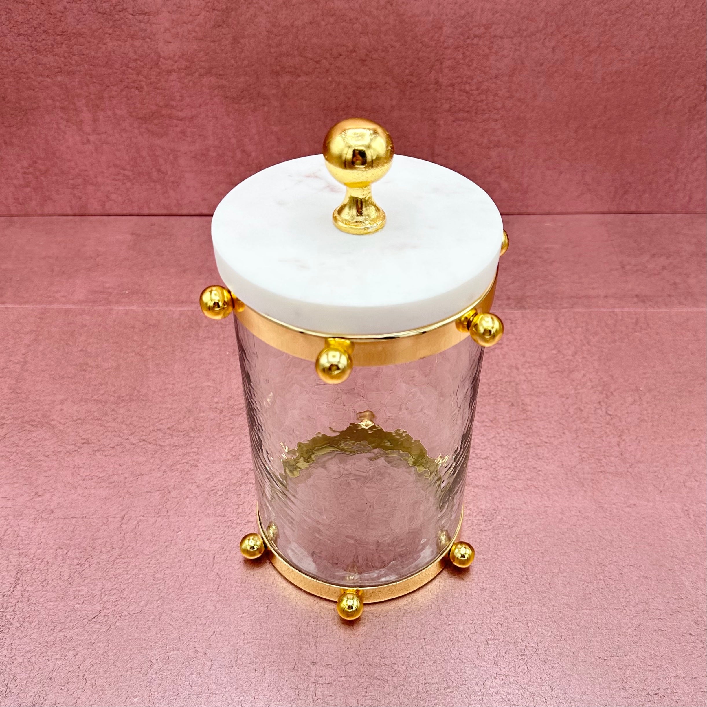 Hammered Glass Canister w Gold Ball Design Marble Cover