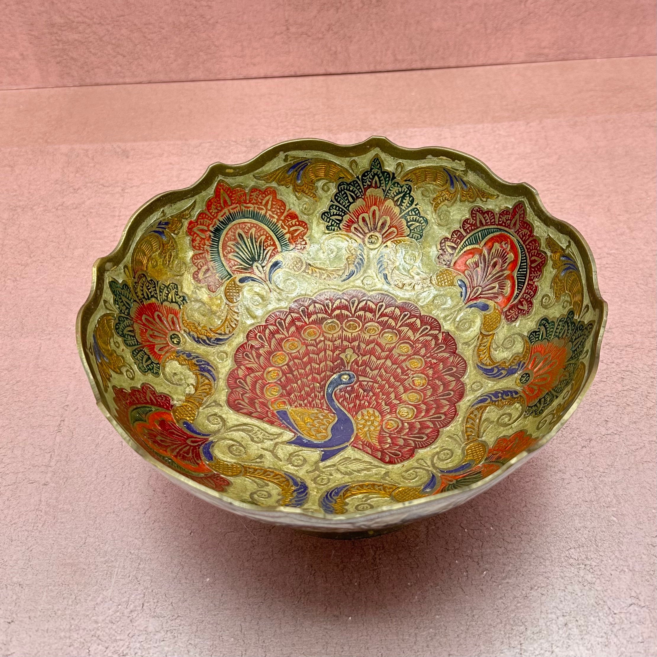 Peacock Cloisonne Type Brass Compote