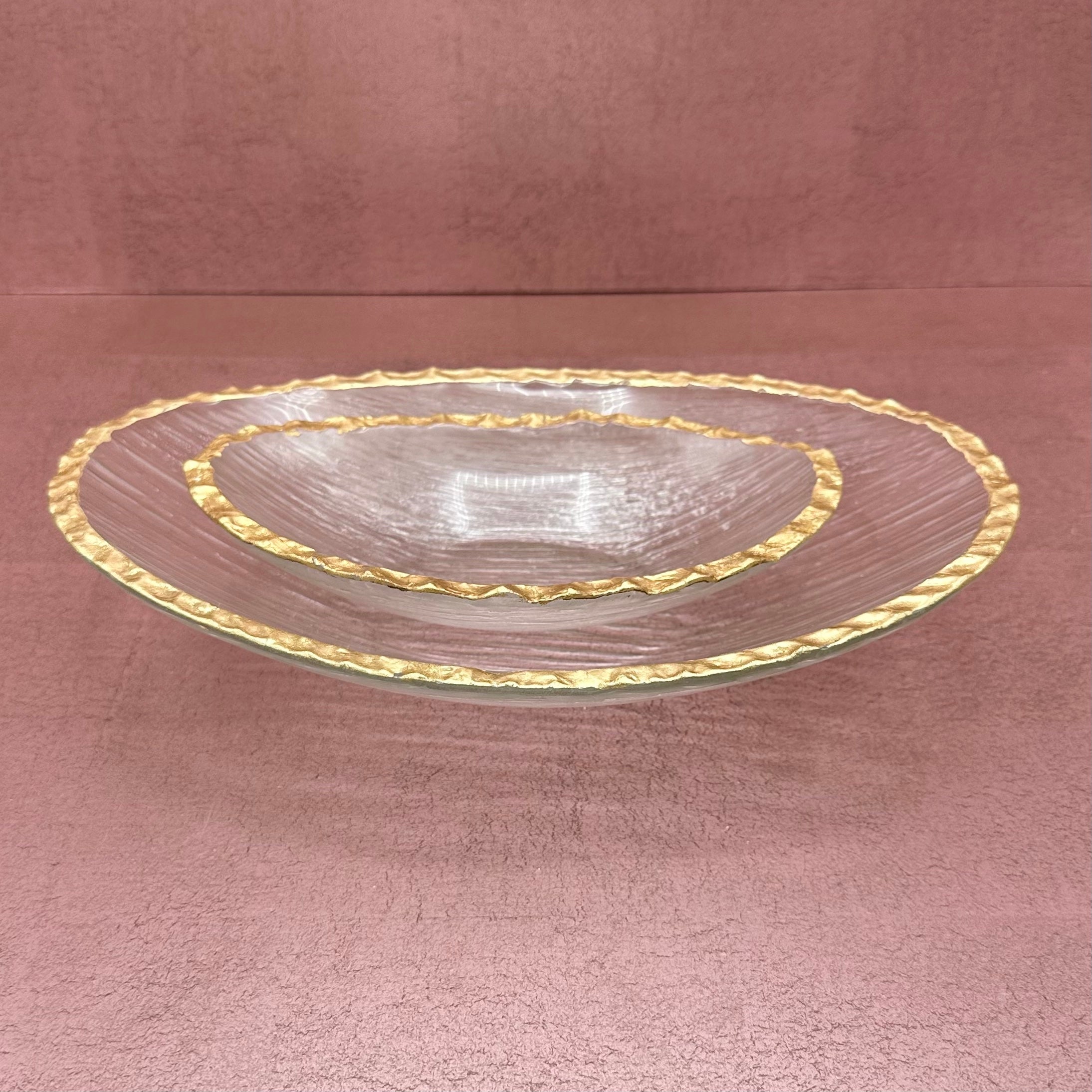 Clear Textured Bowl W/Jagged Gold Rim Large