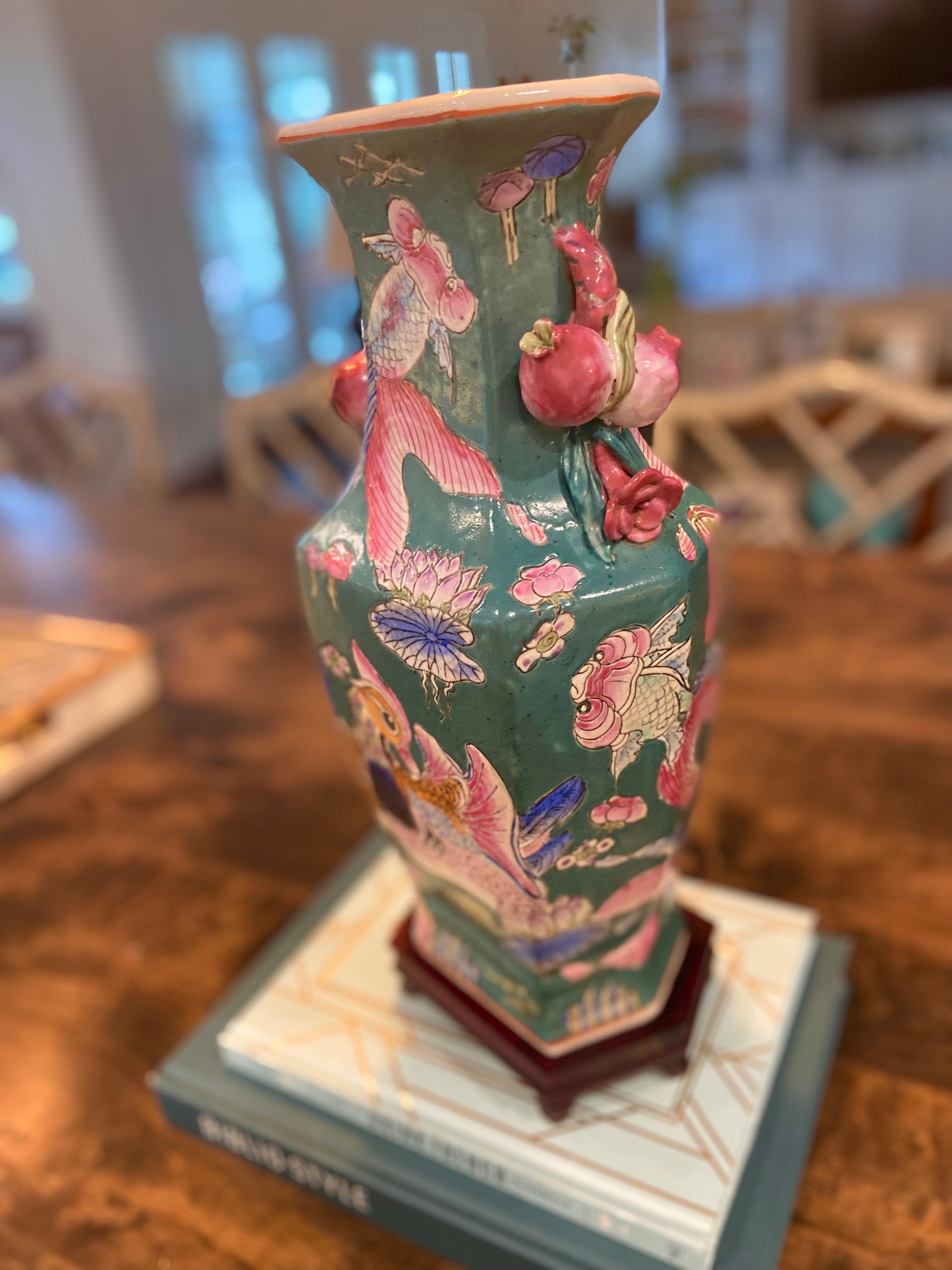 Teal Chinese Pomegranit Handle Vase with Wood Stand