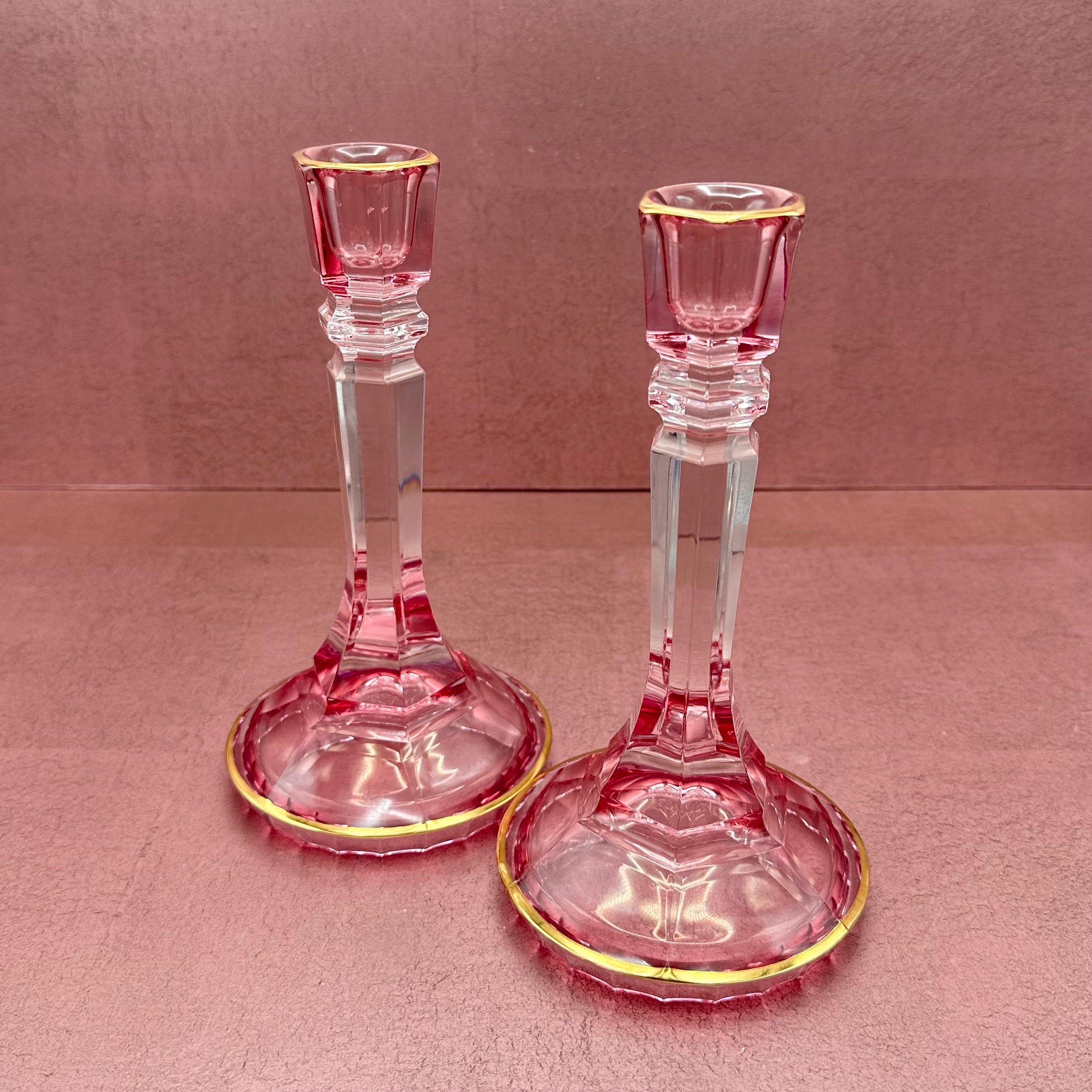 Cristallerie Pink Italian Crystal Candlestick Pair