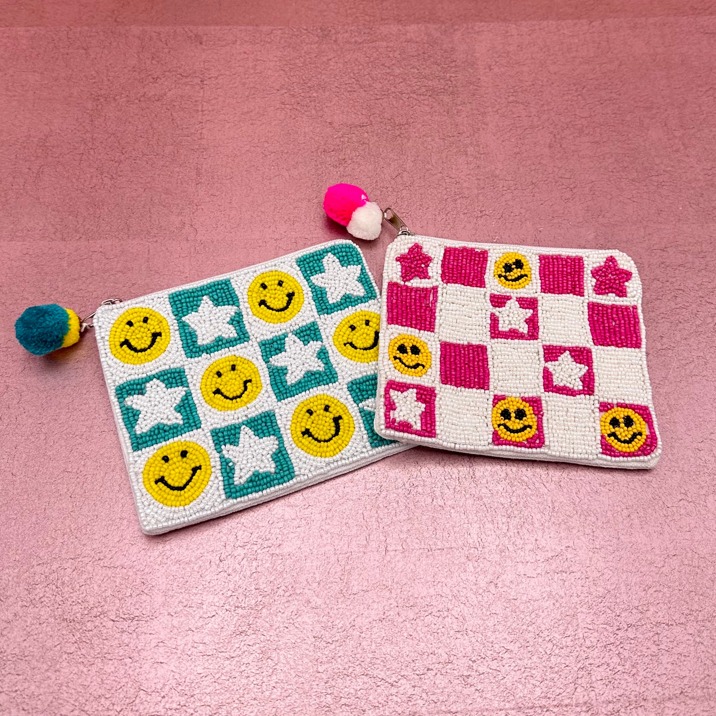 Pink Checkered Smiley Beaded Coin Pouch