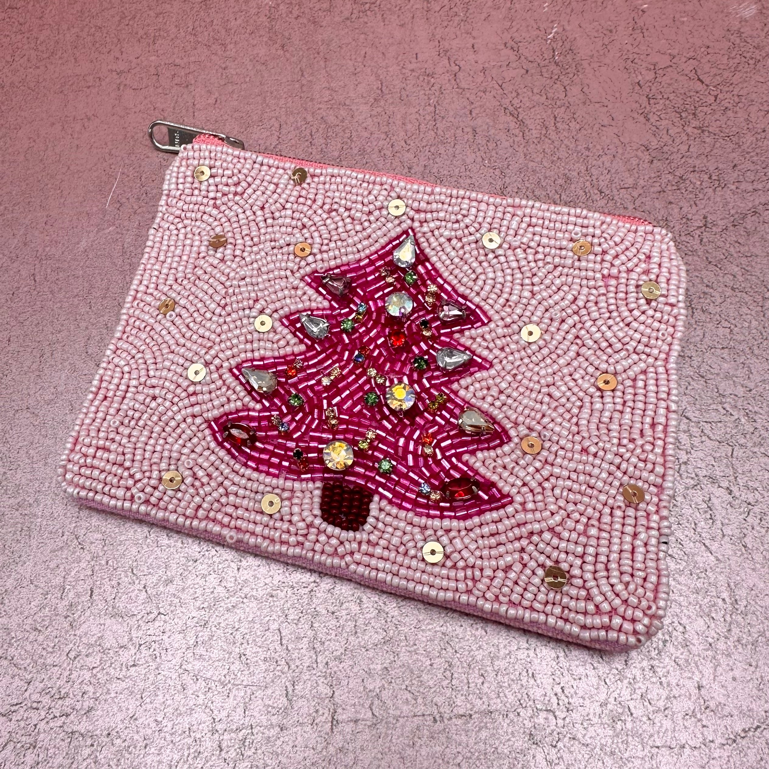 Pink Christmas Tree Beaded Coin Purse