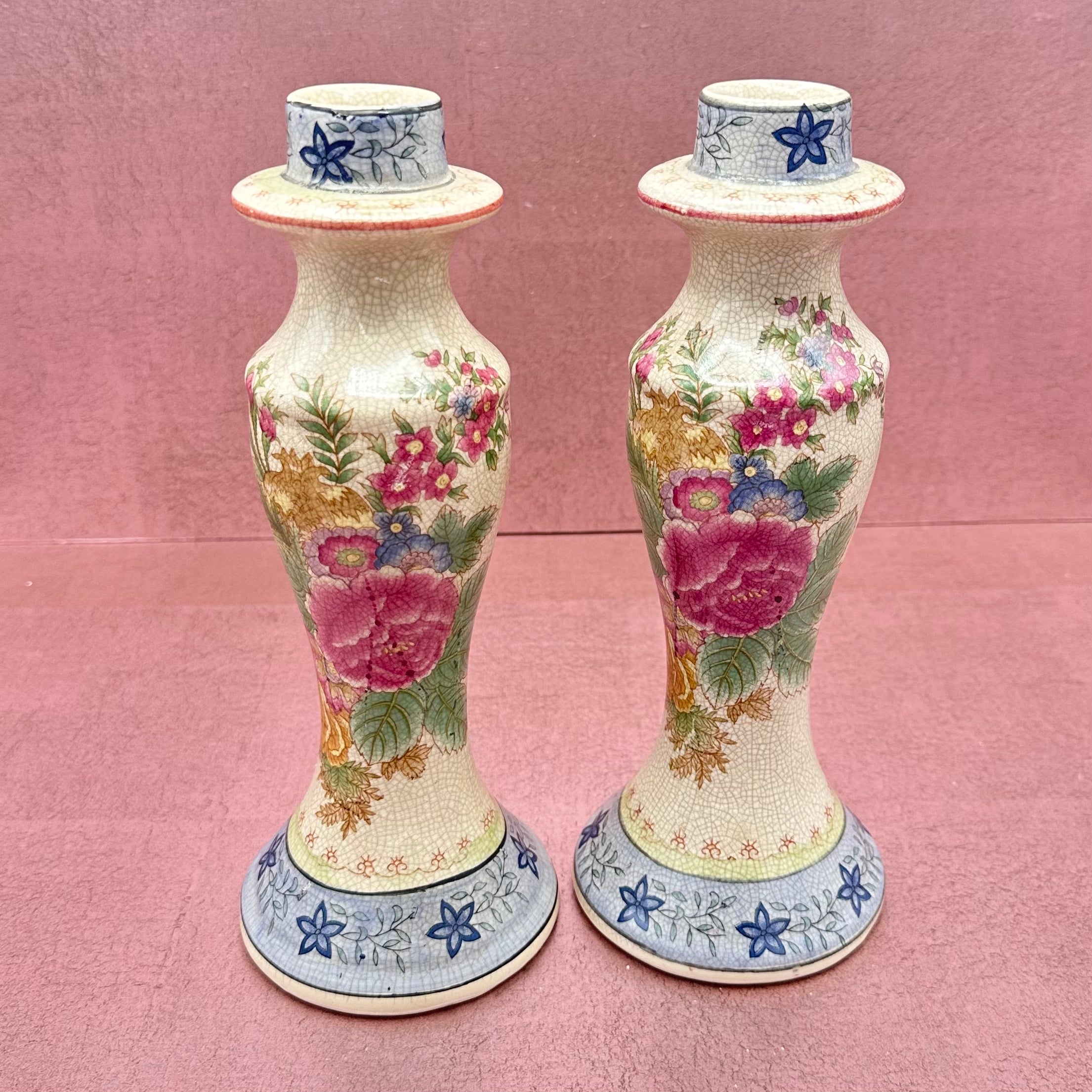 Floral Ceramic Candlestick Pair