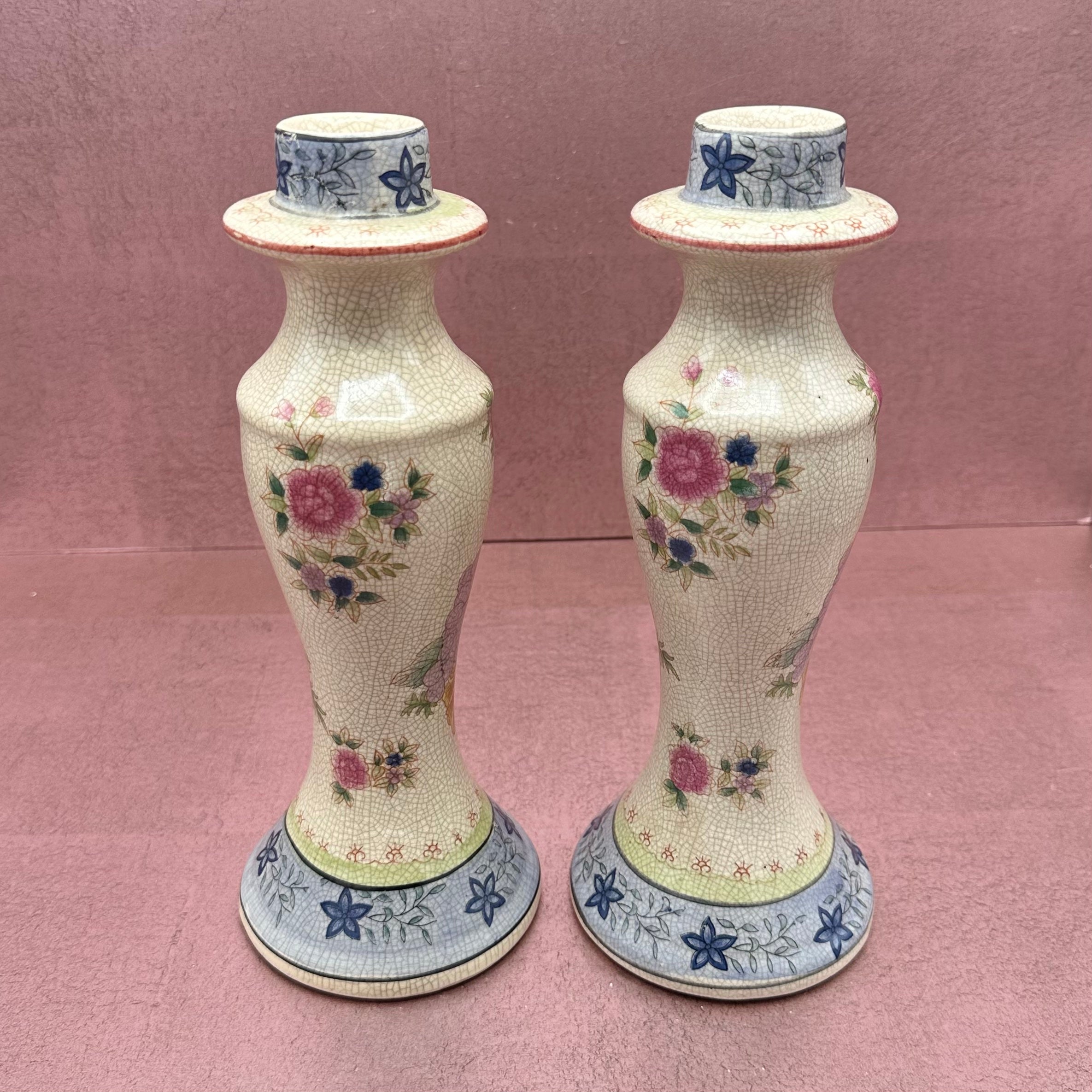 Floral Ceramic Candlestick Pair