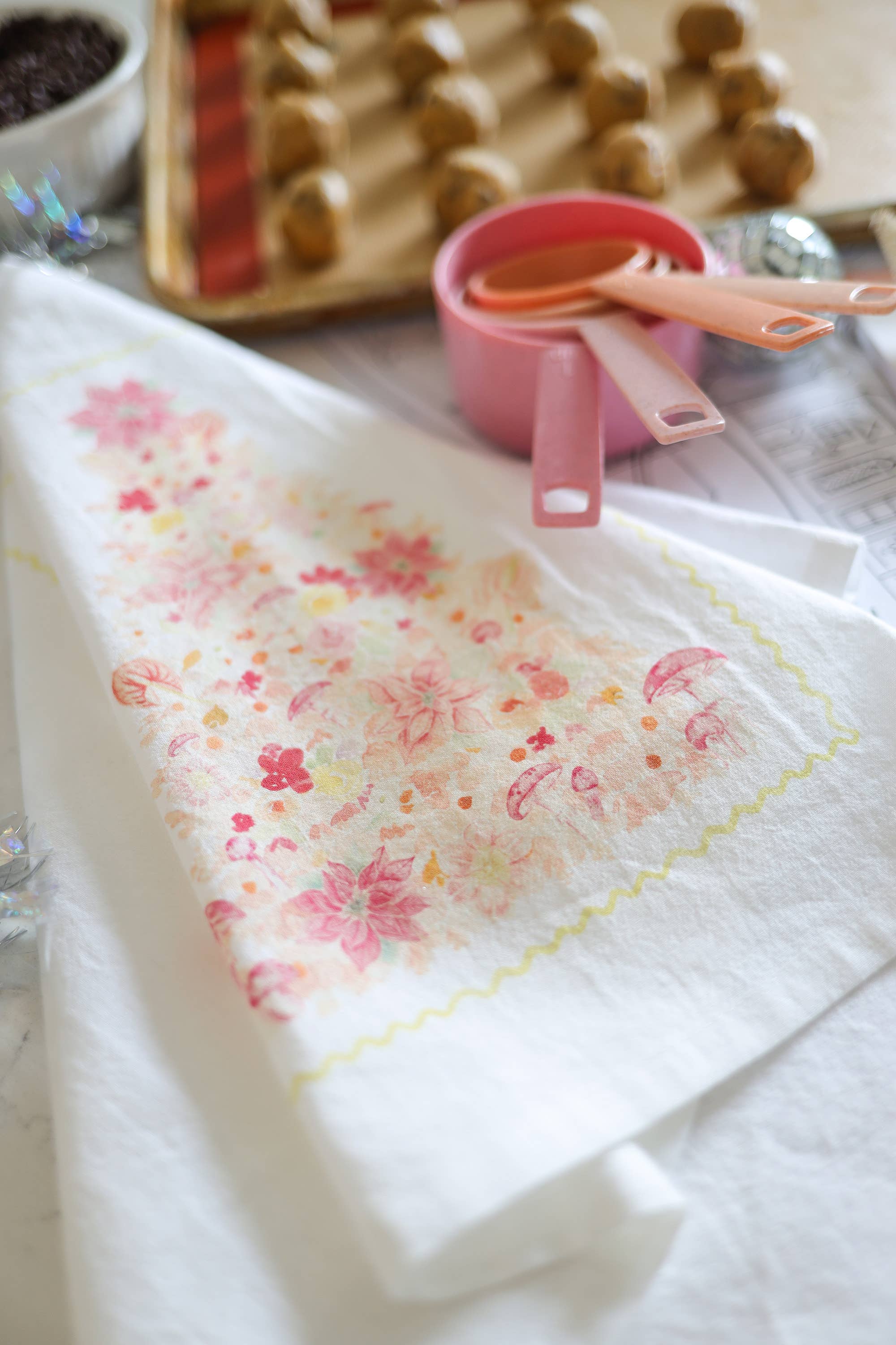 Whimsical Pink Poinsettia Christmas Tea Towel