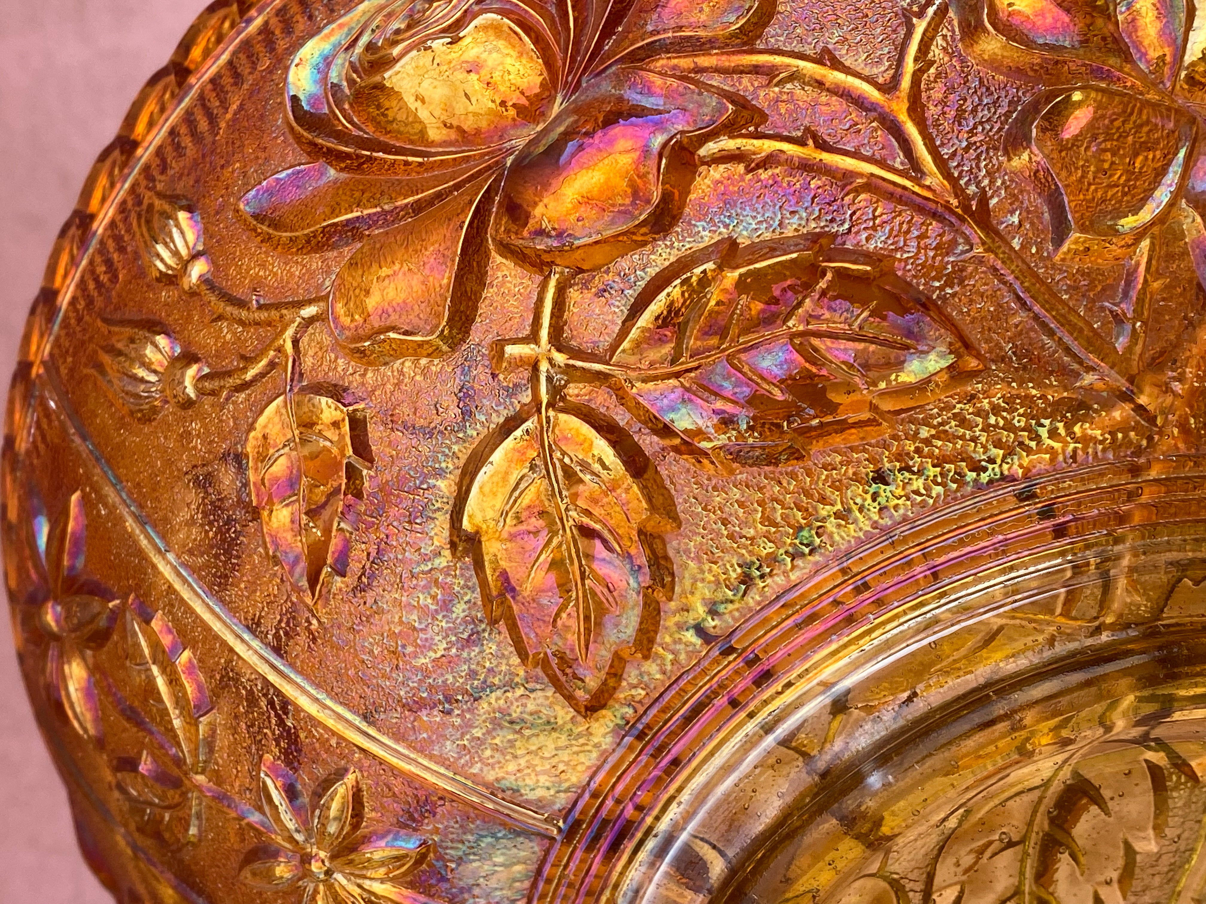 Orange Carnival Glass Bowl Roses Pattern