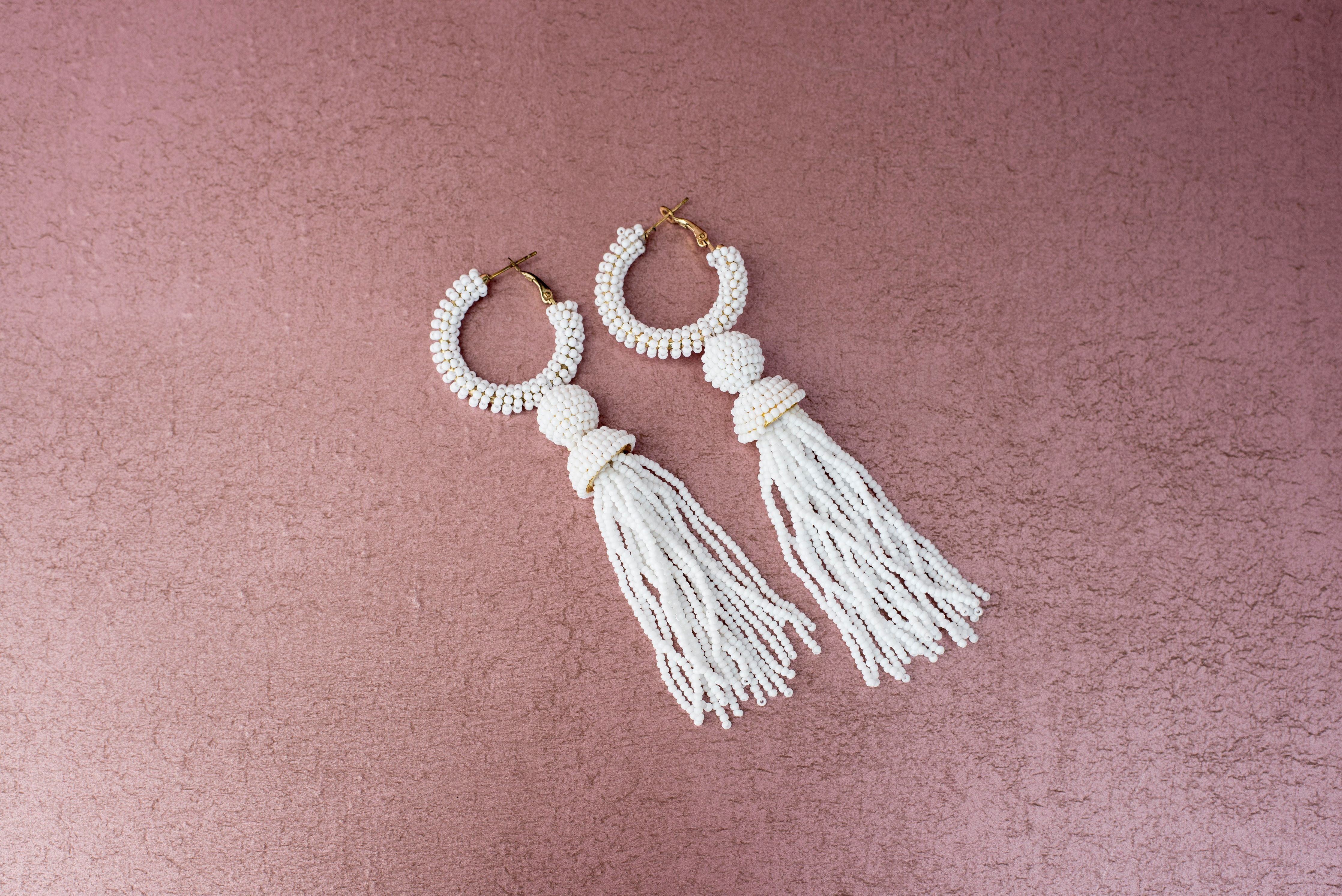 White Beaded Tassel Earrings