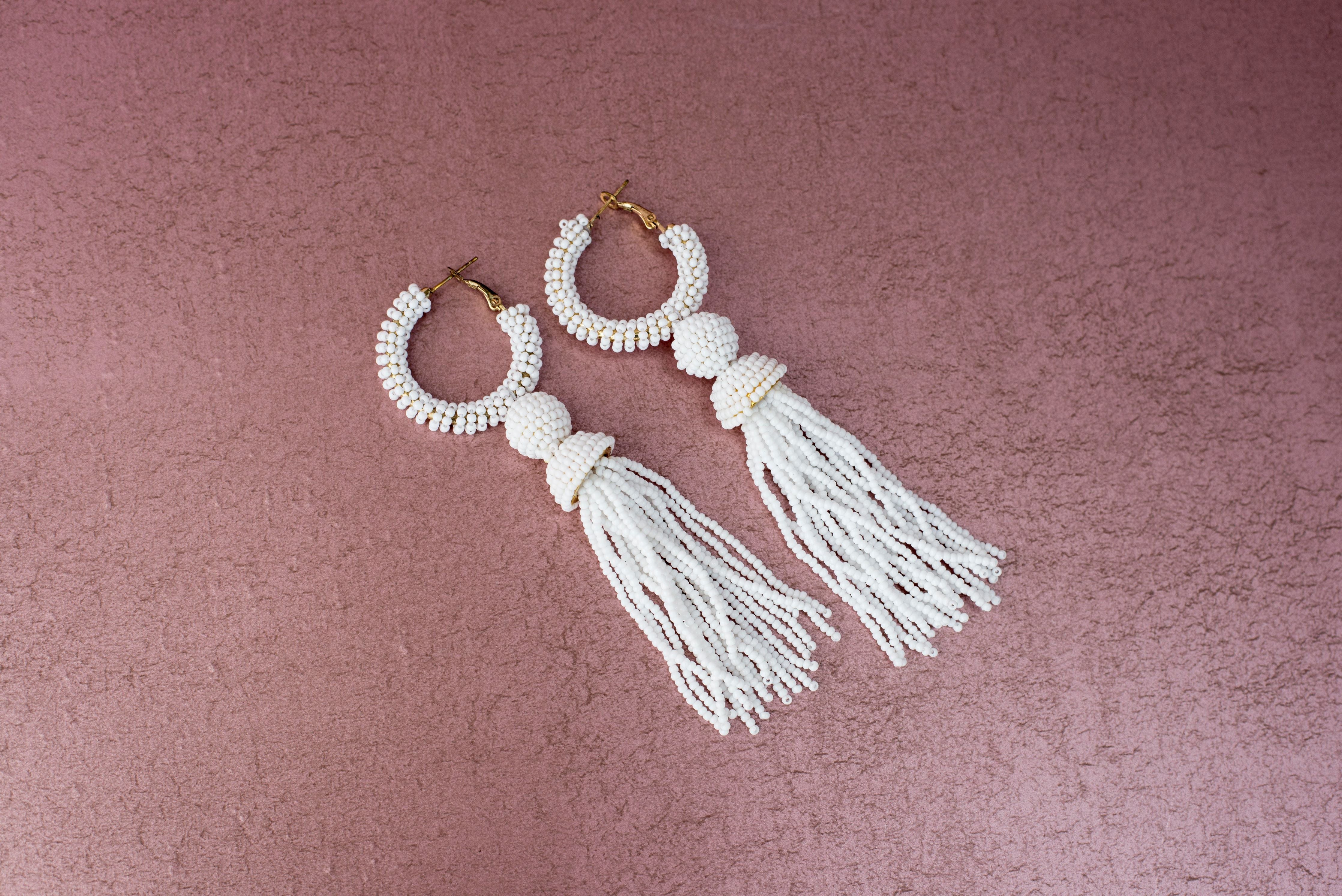 White Beaded Tassel Earrings