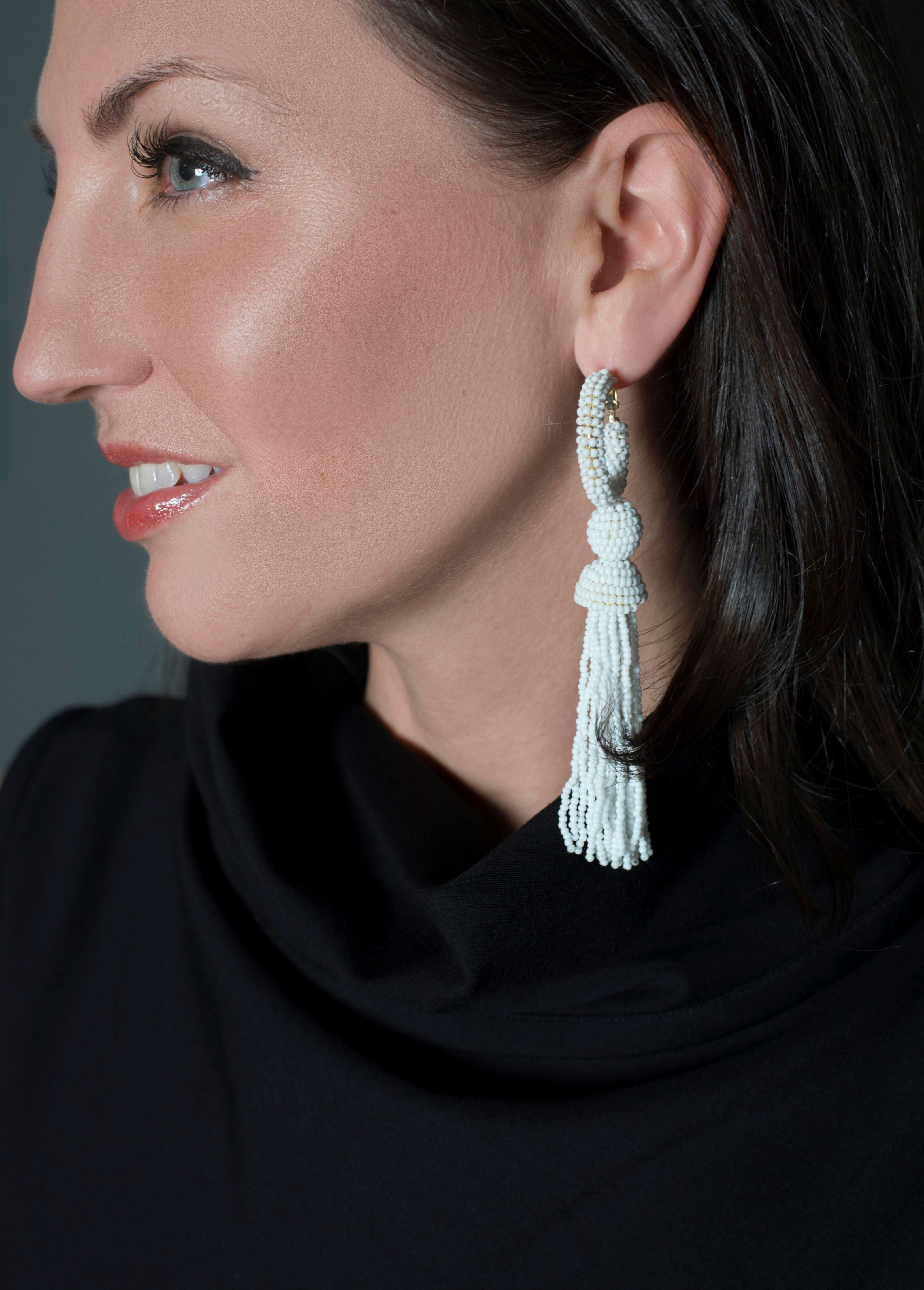 White Beaded Tassel Earrings