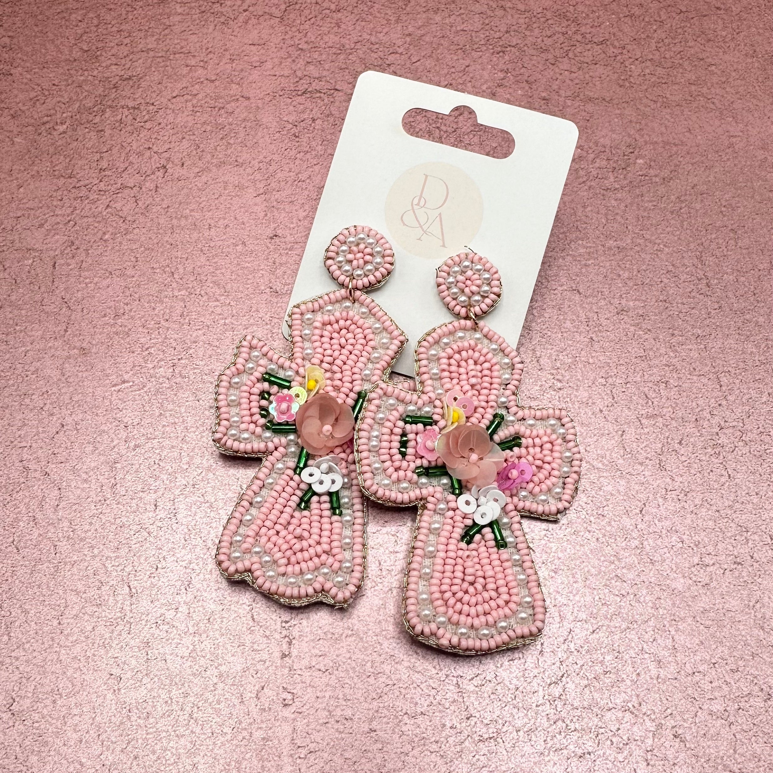 Pink Easter Beaded Cross Earrings