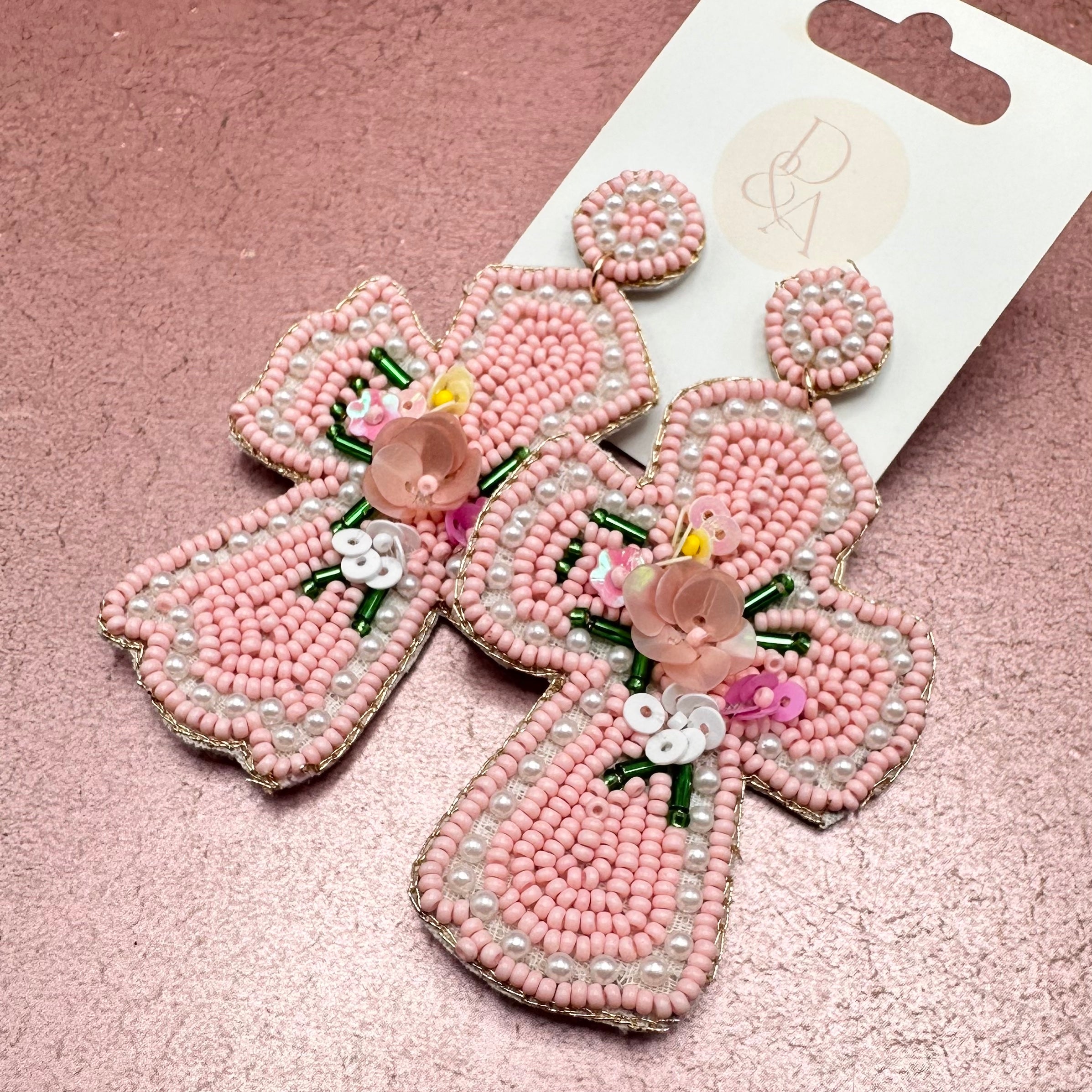 Pink Easter Beaded Cross Earrings