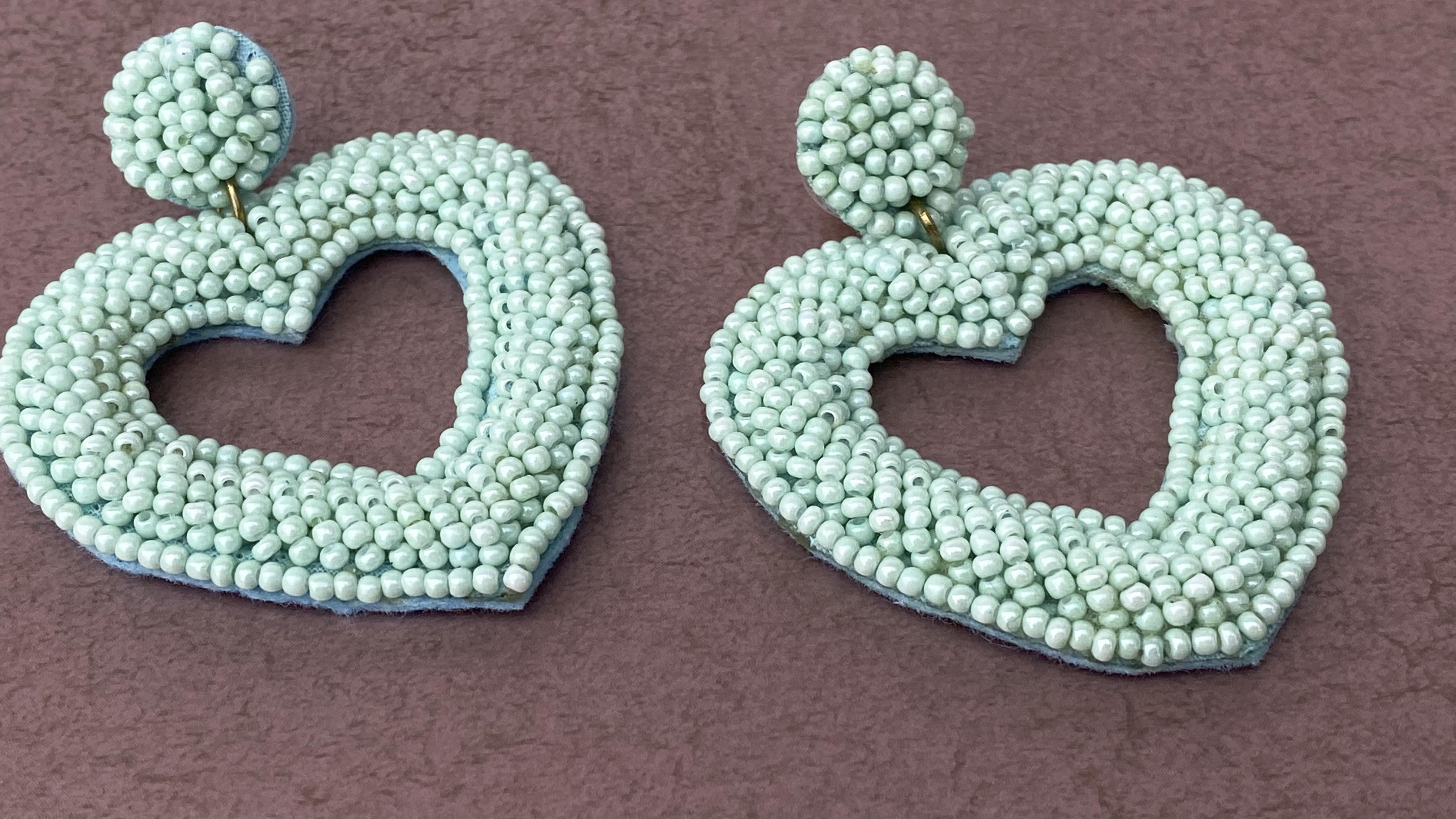 Aqua Beaded Heart Earrings