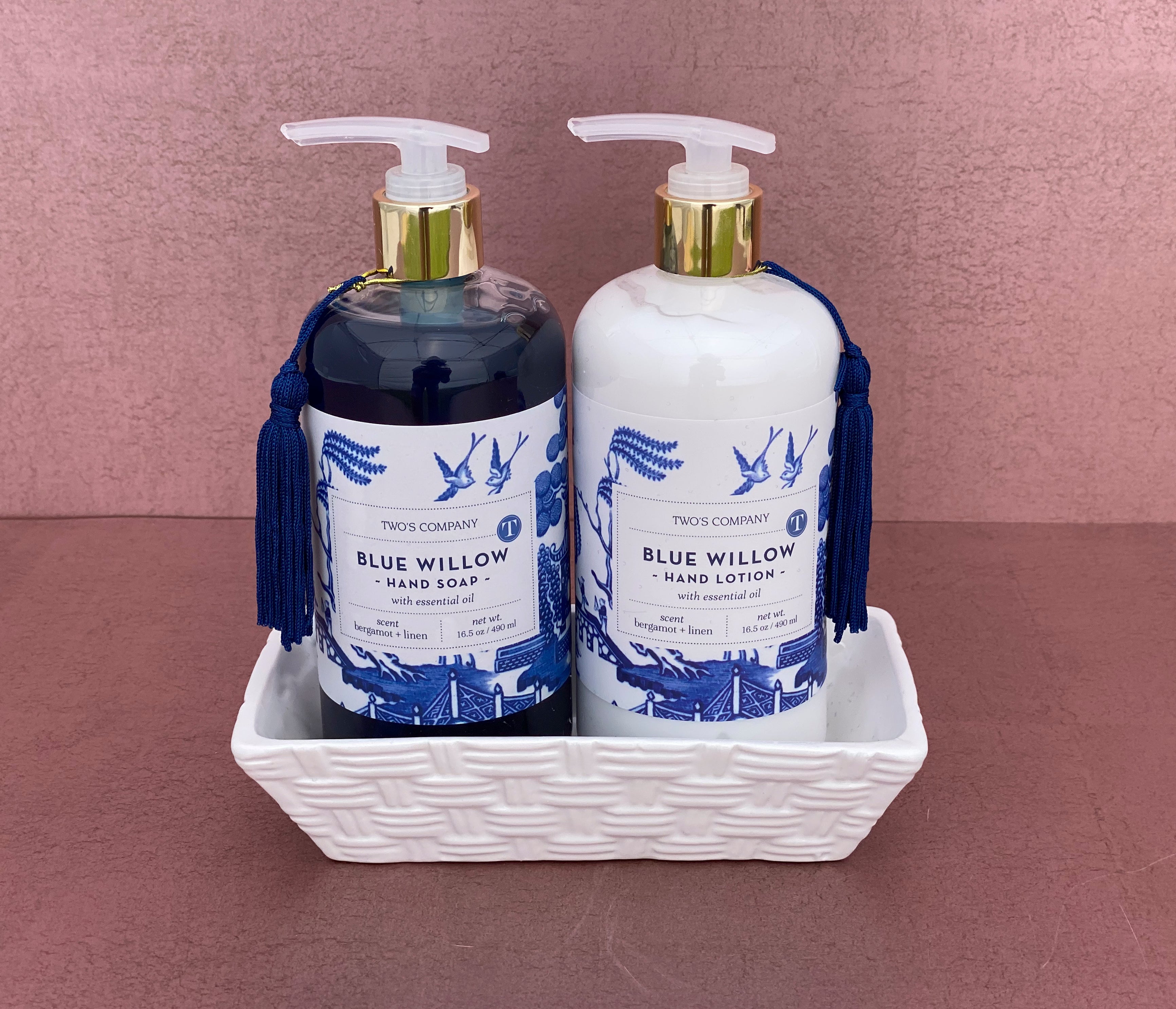 Chinoiserie Sandalwood Scented Hand Soap and Lotion Set w/Ceramic Caddy
