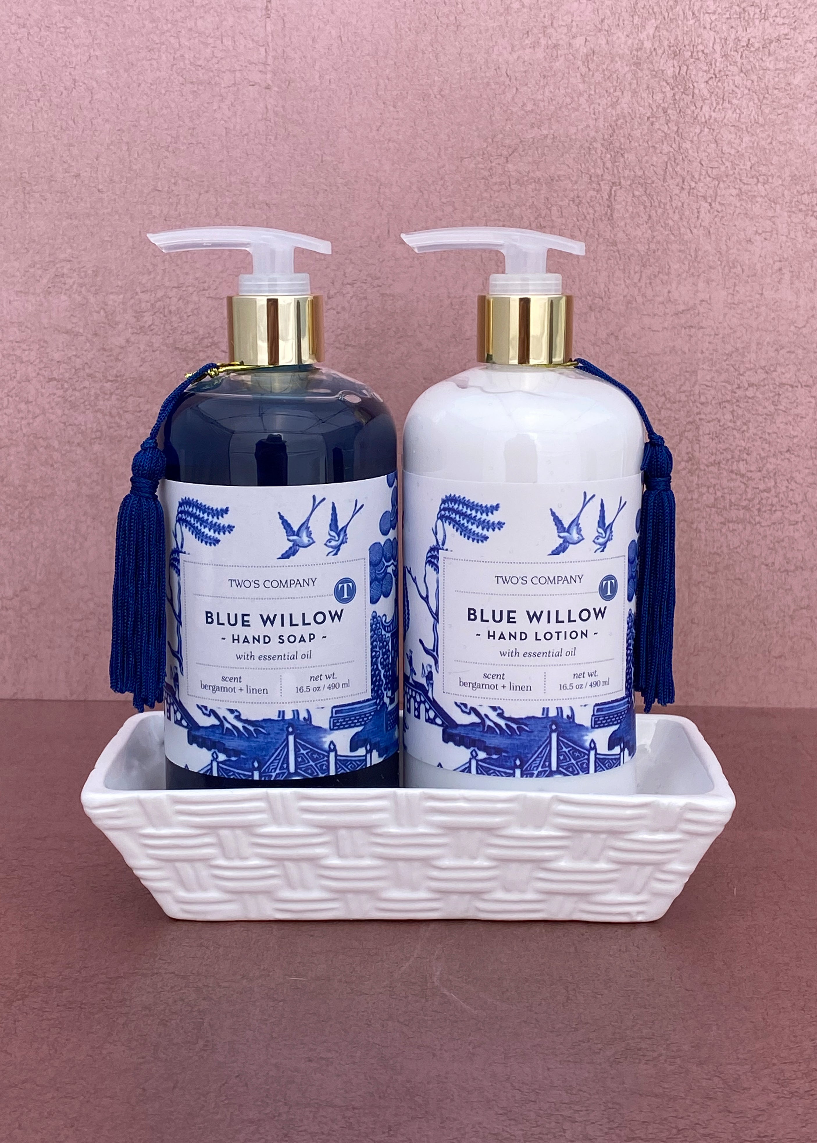 Chinoiserie Sandalwood Scented Hand Soap and Lotion Set w/Ceramic Caddy