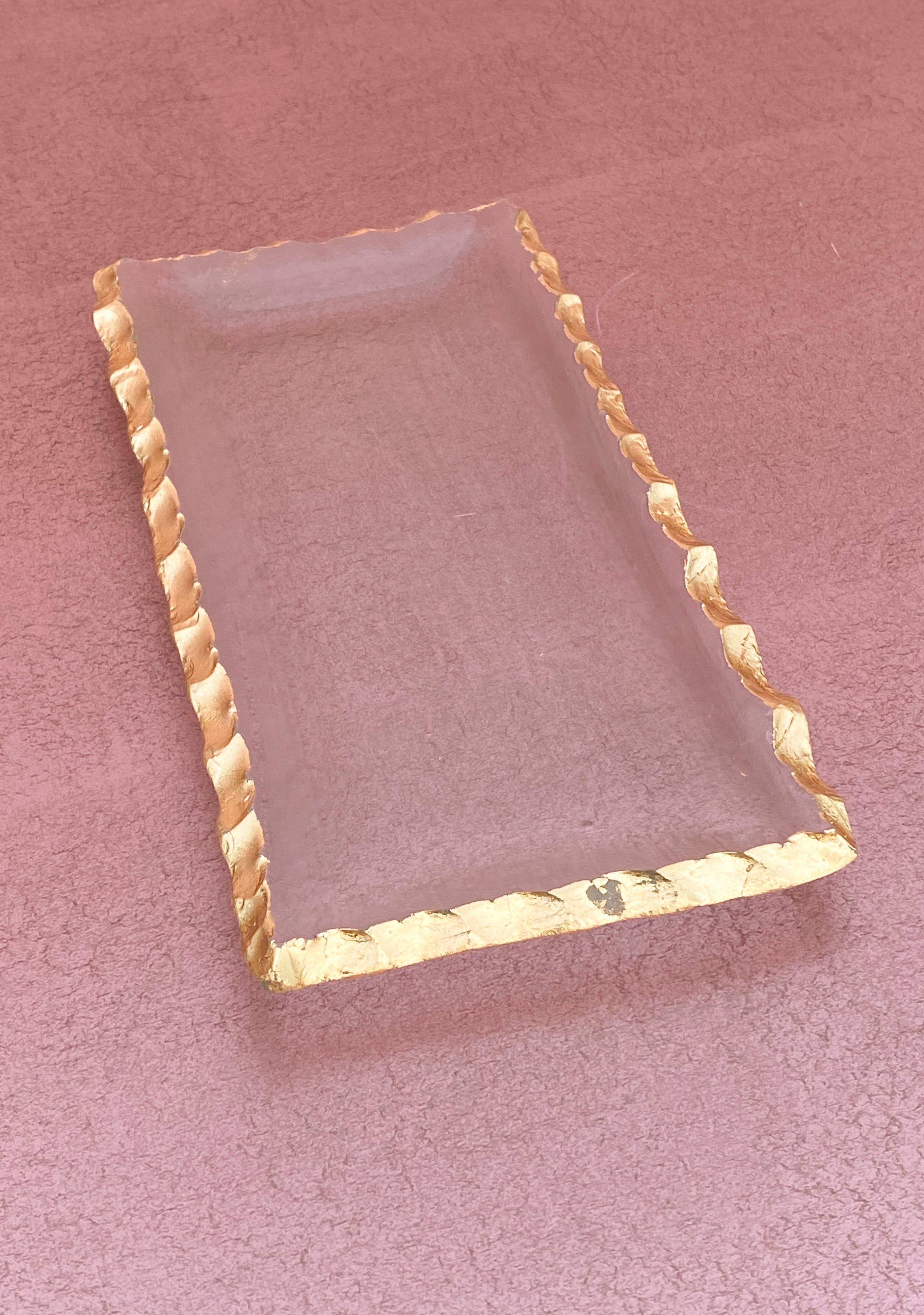 Clear Rectangular Textured Tray W/Jagged Gold Rim Small