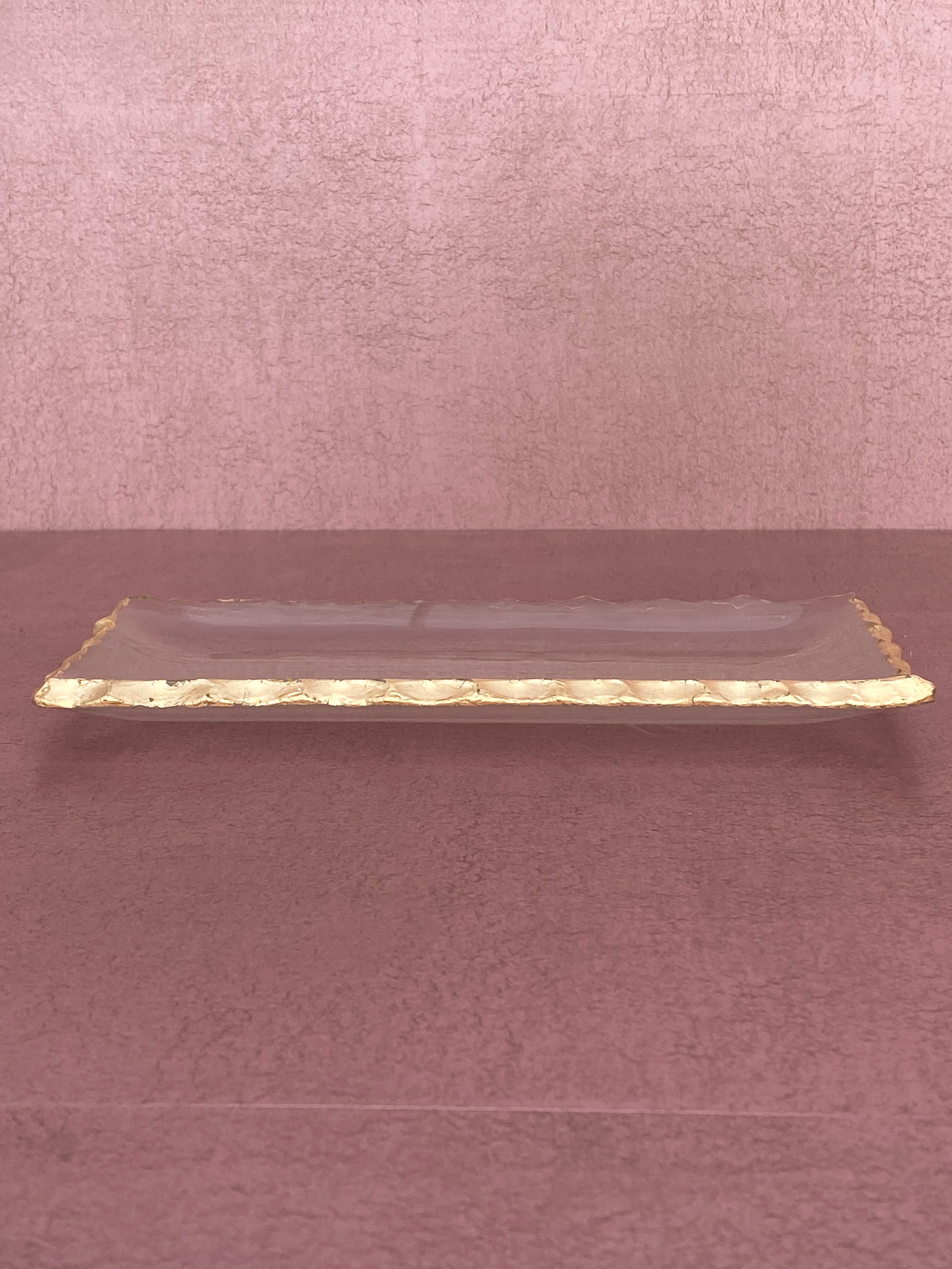 Clear Rectangular Textured Tray W/Jagged Gold Rim Small