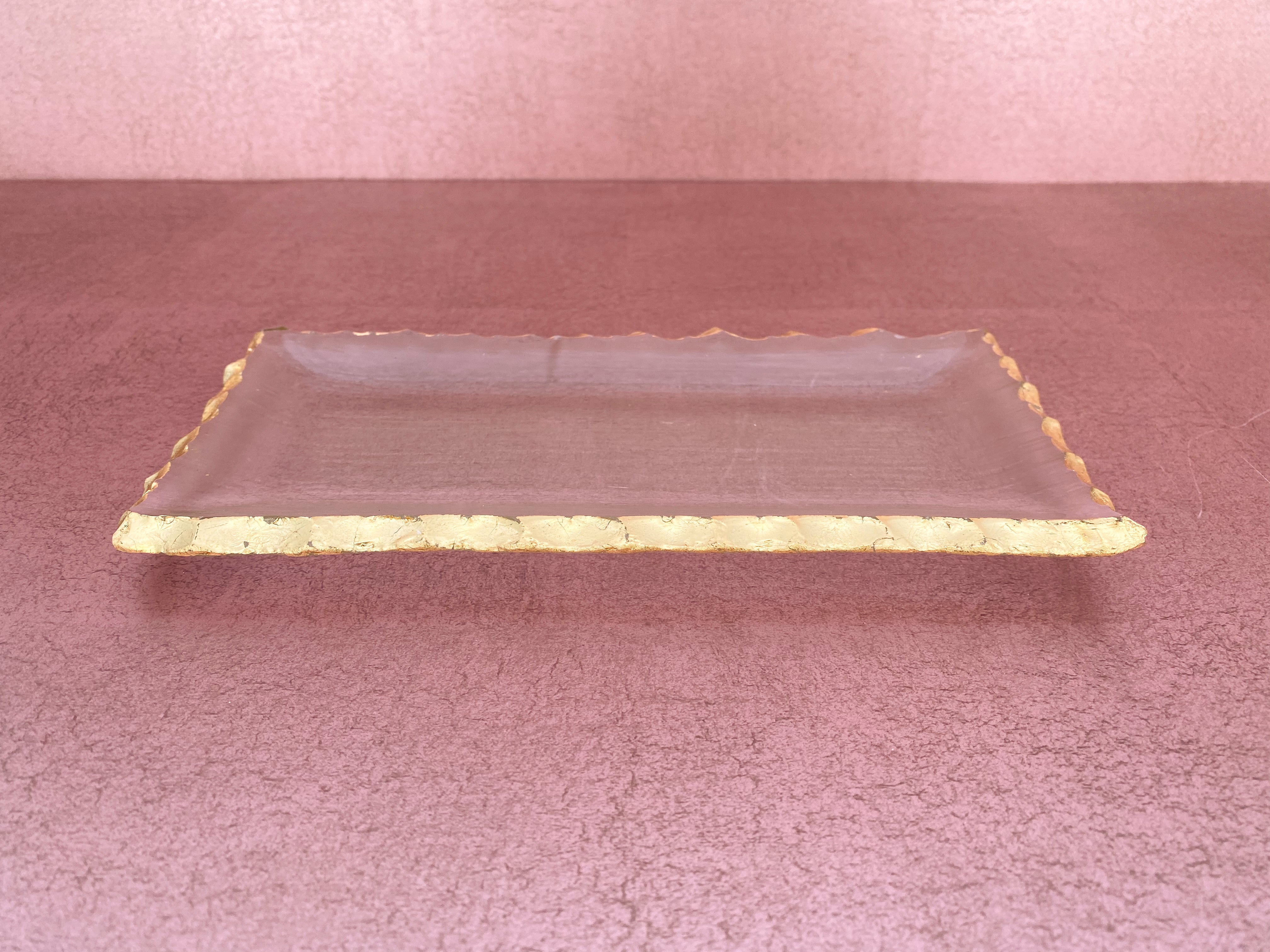 Clear Rectangular Textured Tray W/Jagged Gold Rim Small