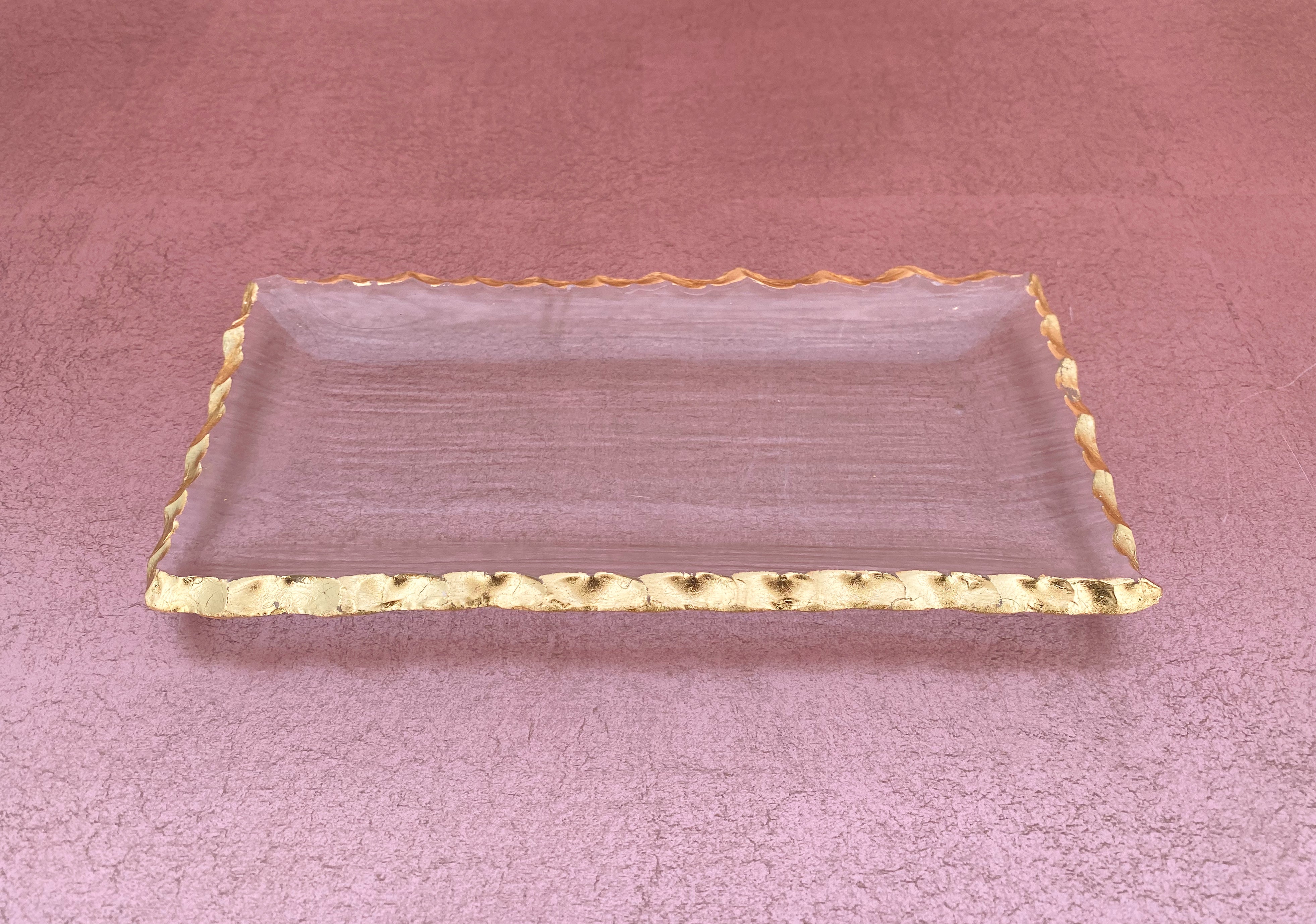 Clear Rectangular Textured Tray W/Jagged Gold Rim Small