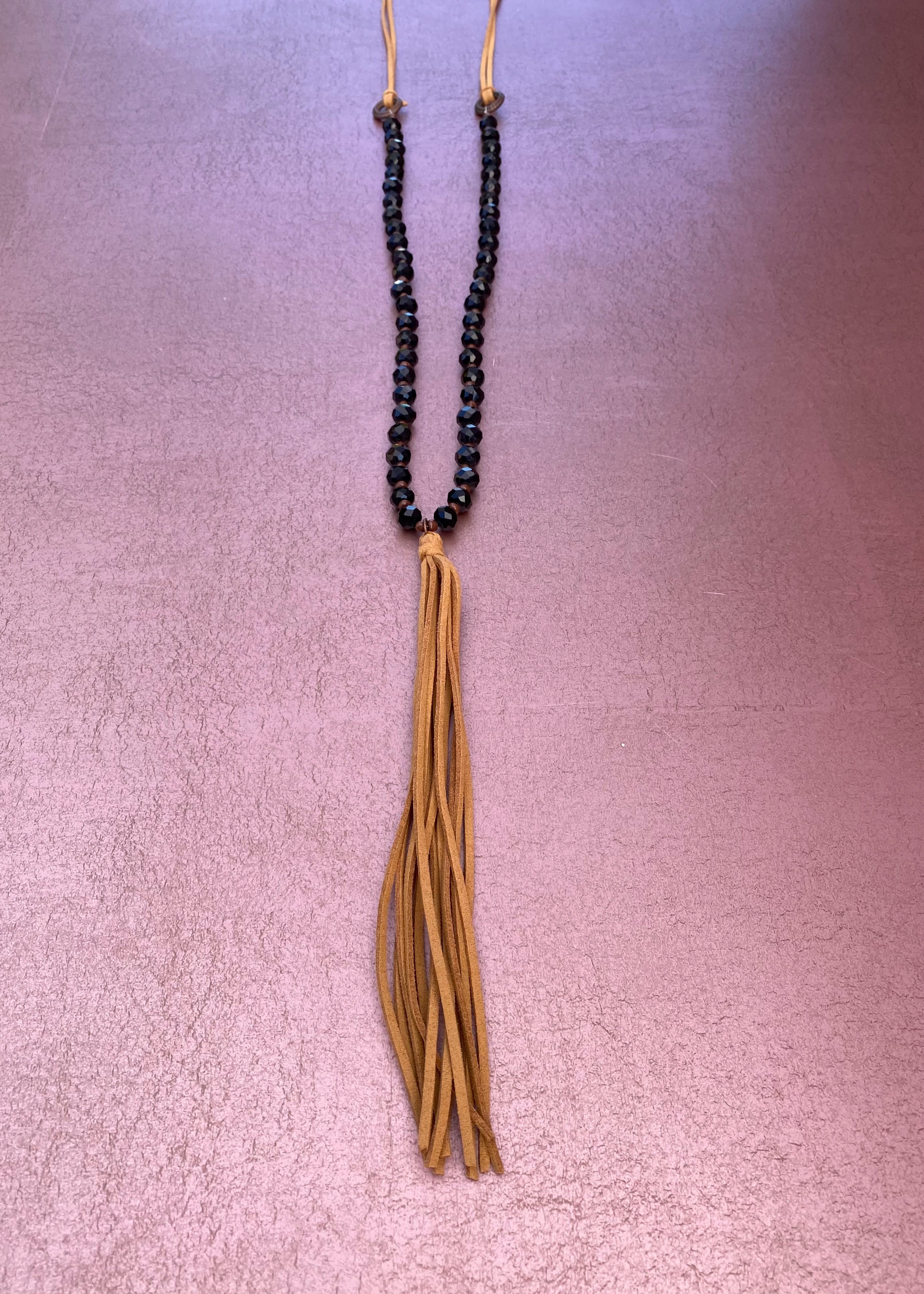 Black Beaded Leather Necklace with Leather Tassel