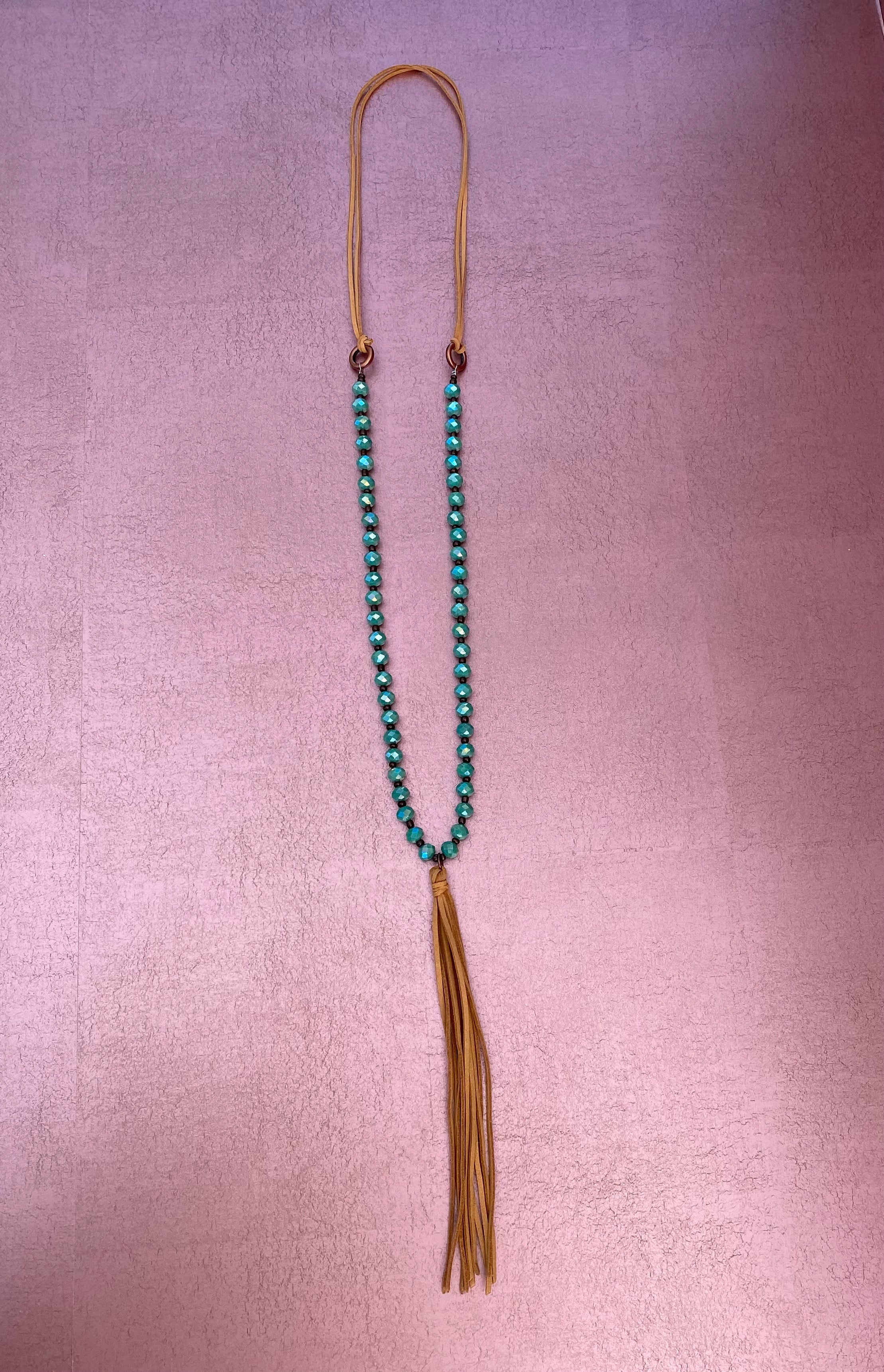 Turquoise Beaded Leather Necklace with Leather Tassel