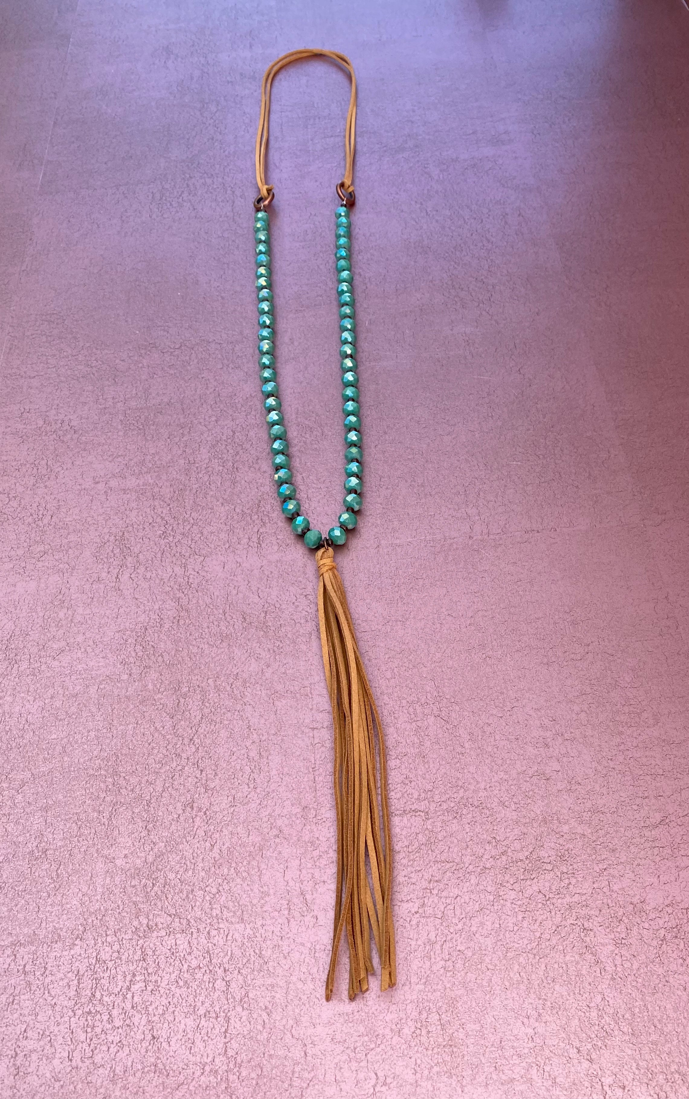 Turquoise Beaded Leather Necklace with Leather Tassel