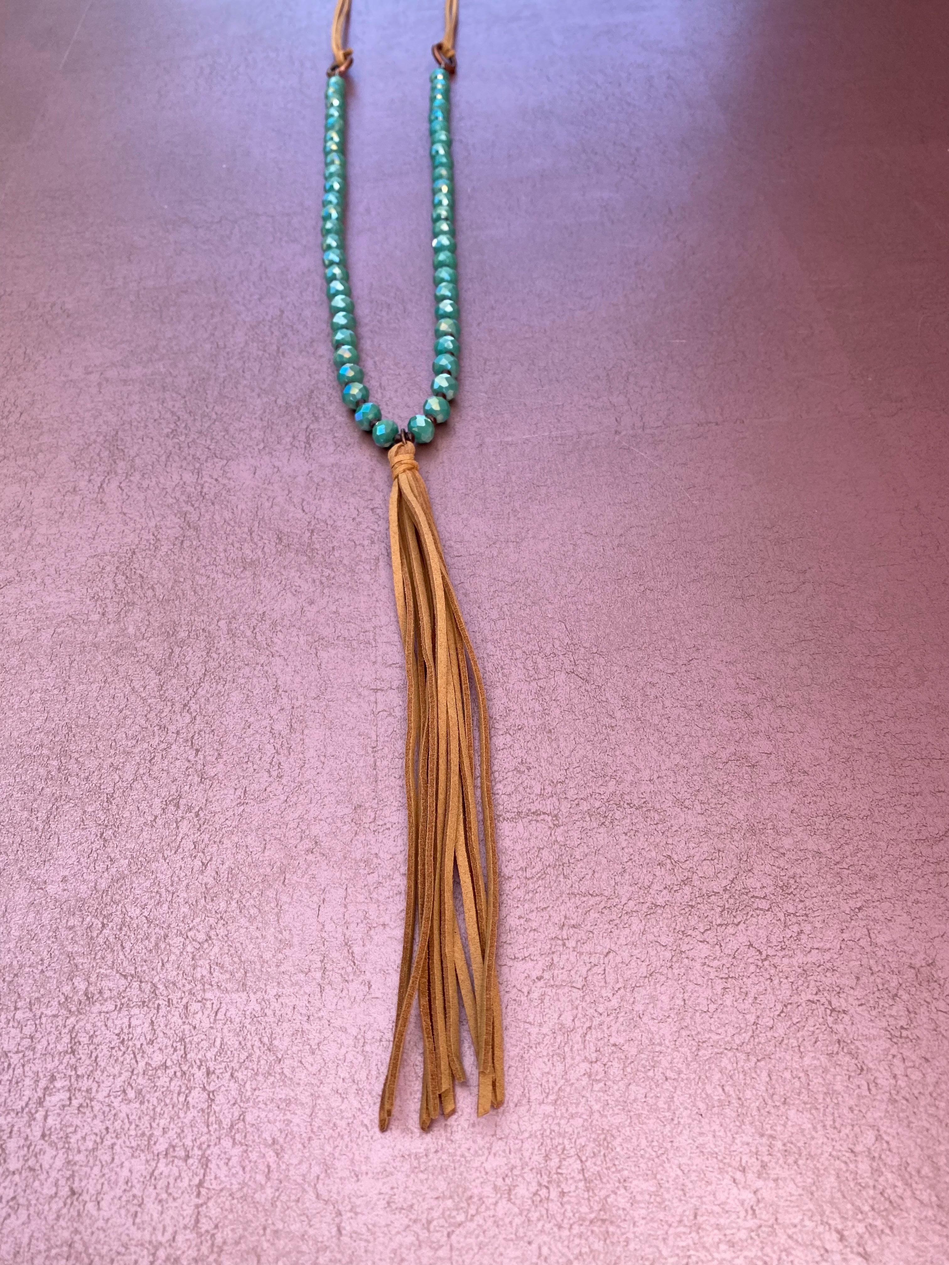 Turquoise Beaded Leather Necklace with Leather Tassel