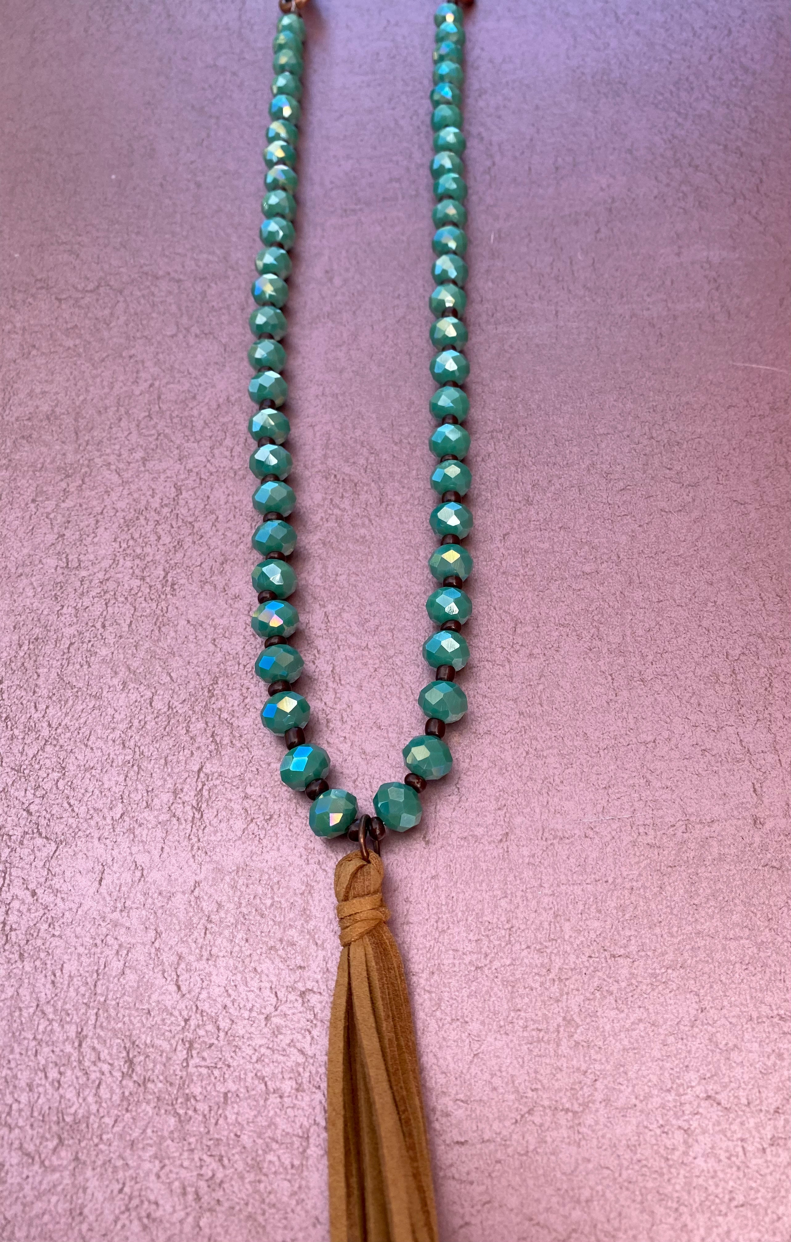 Turquoise Beaded Leather Necklace with Leather Tassel