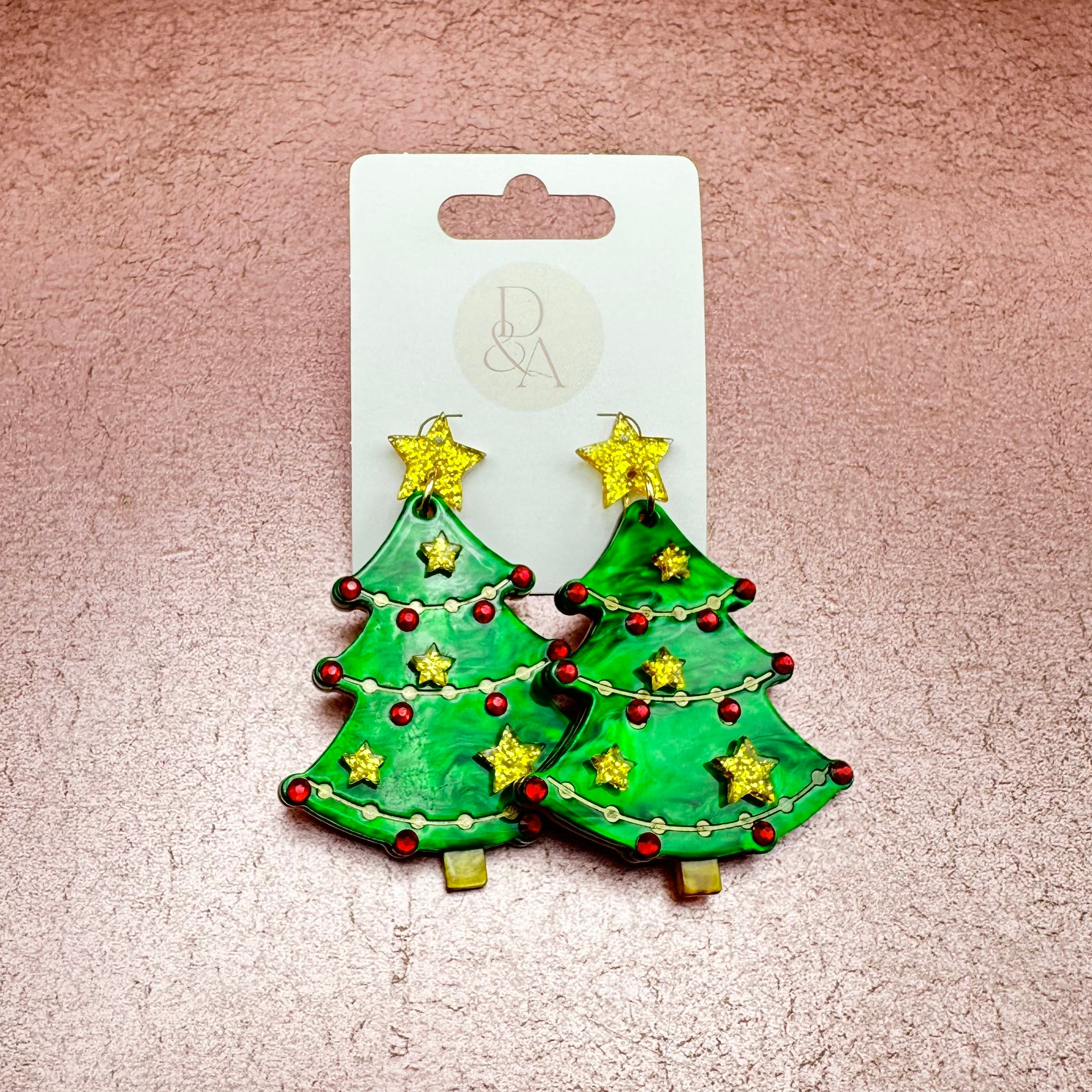 Acrylic Gold Star Christmas Tree Dangle Earrings