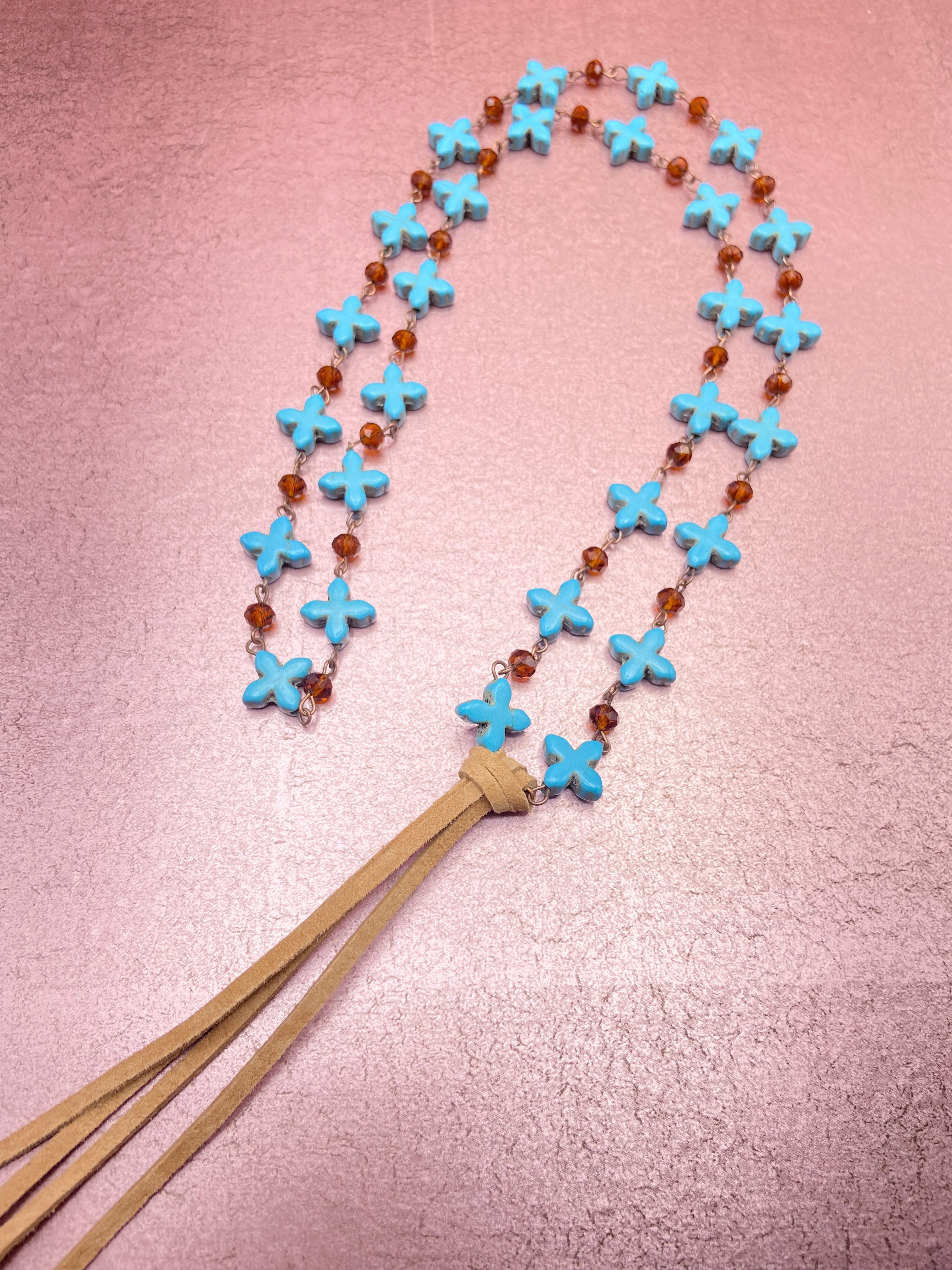 Turquoise and Brown Beaded Necklace with Tassel