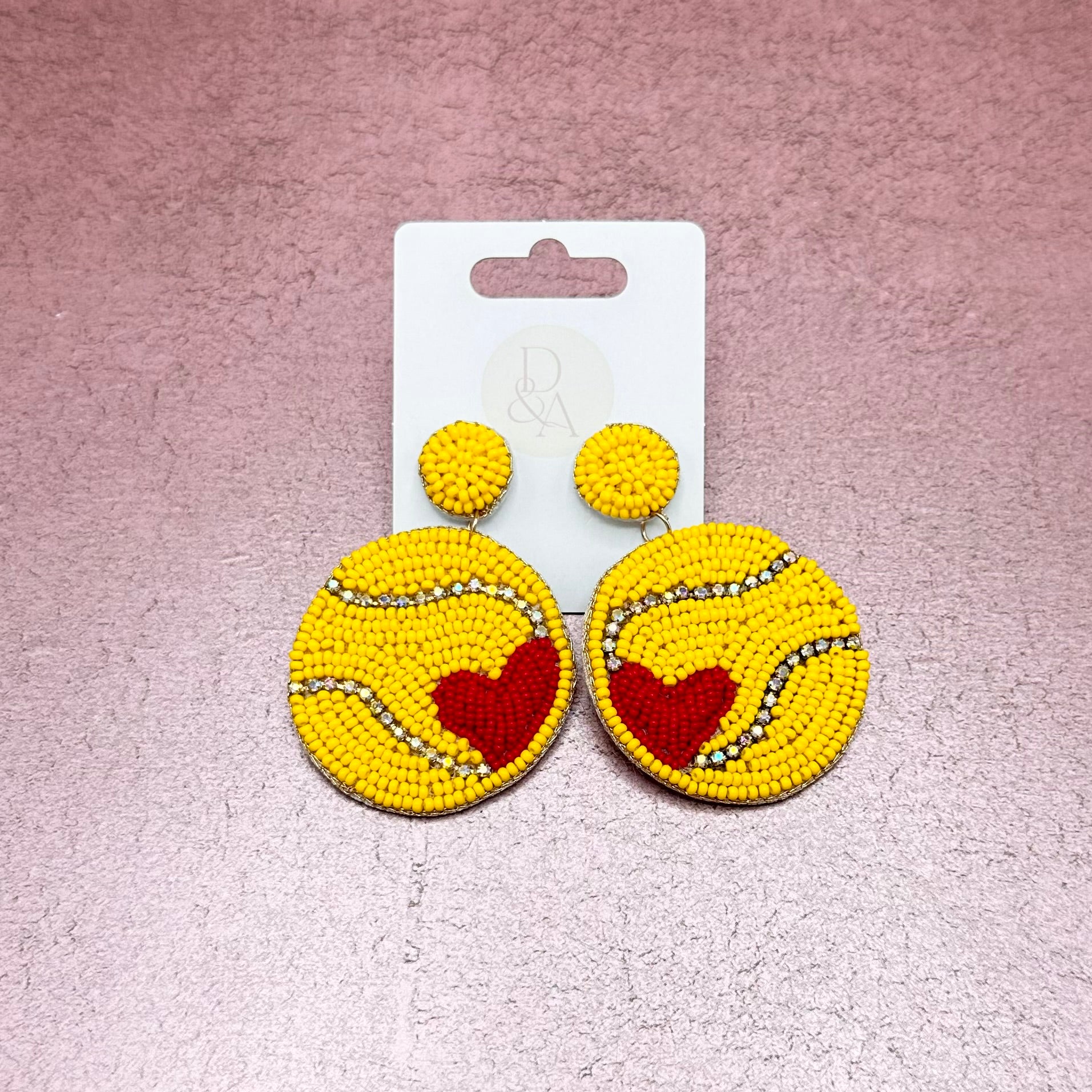 Yellow with Red Heart Tennis Earrings