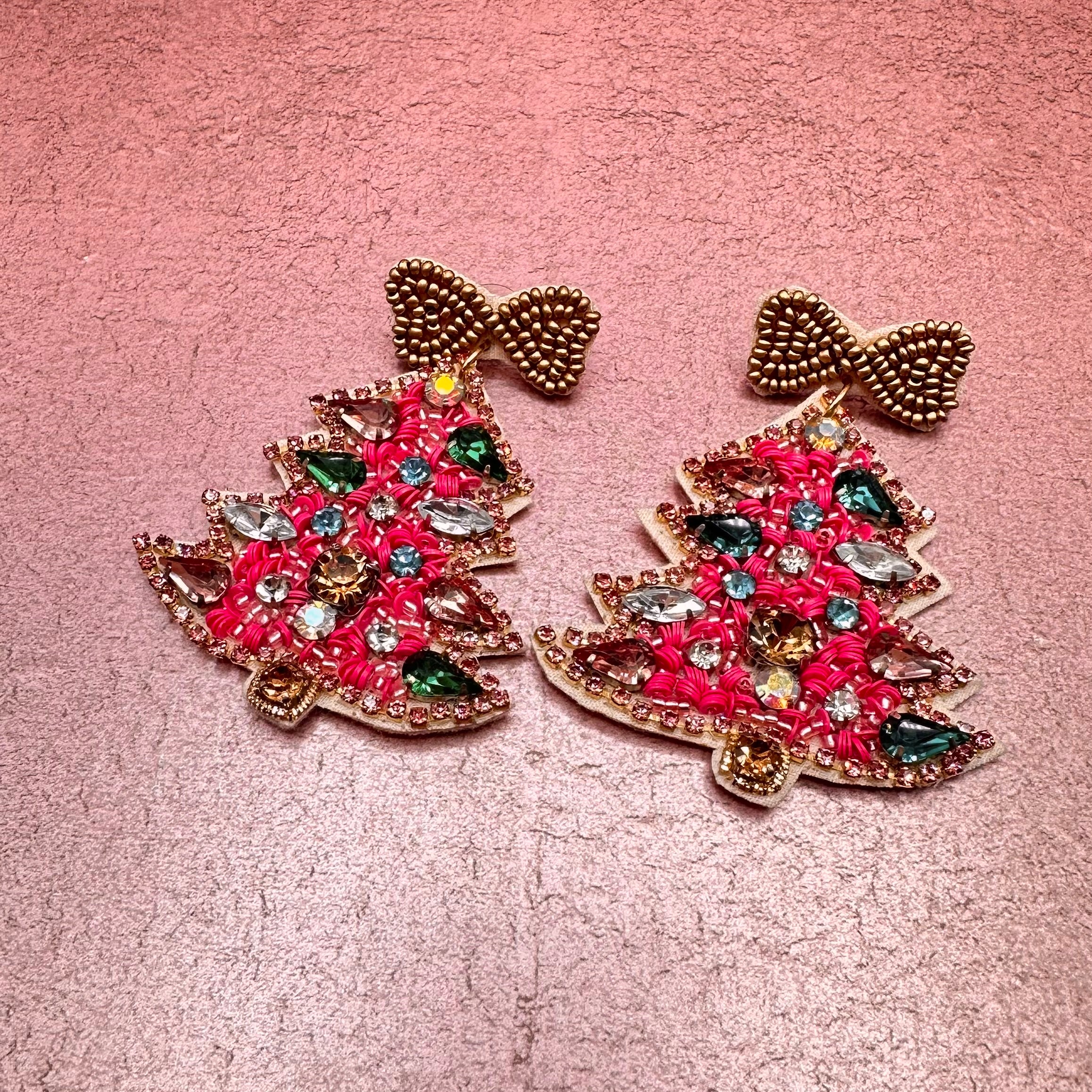 Pink Rhinestone Christmas Tree Dangle Earrings