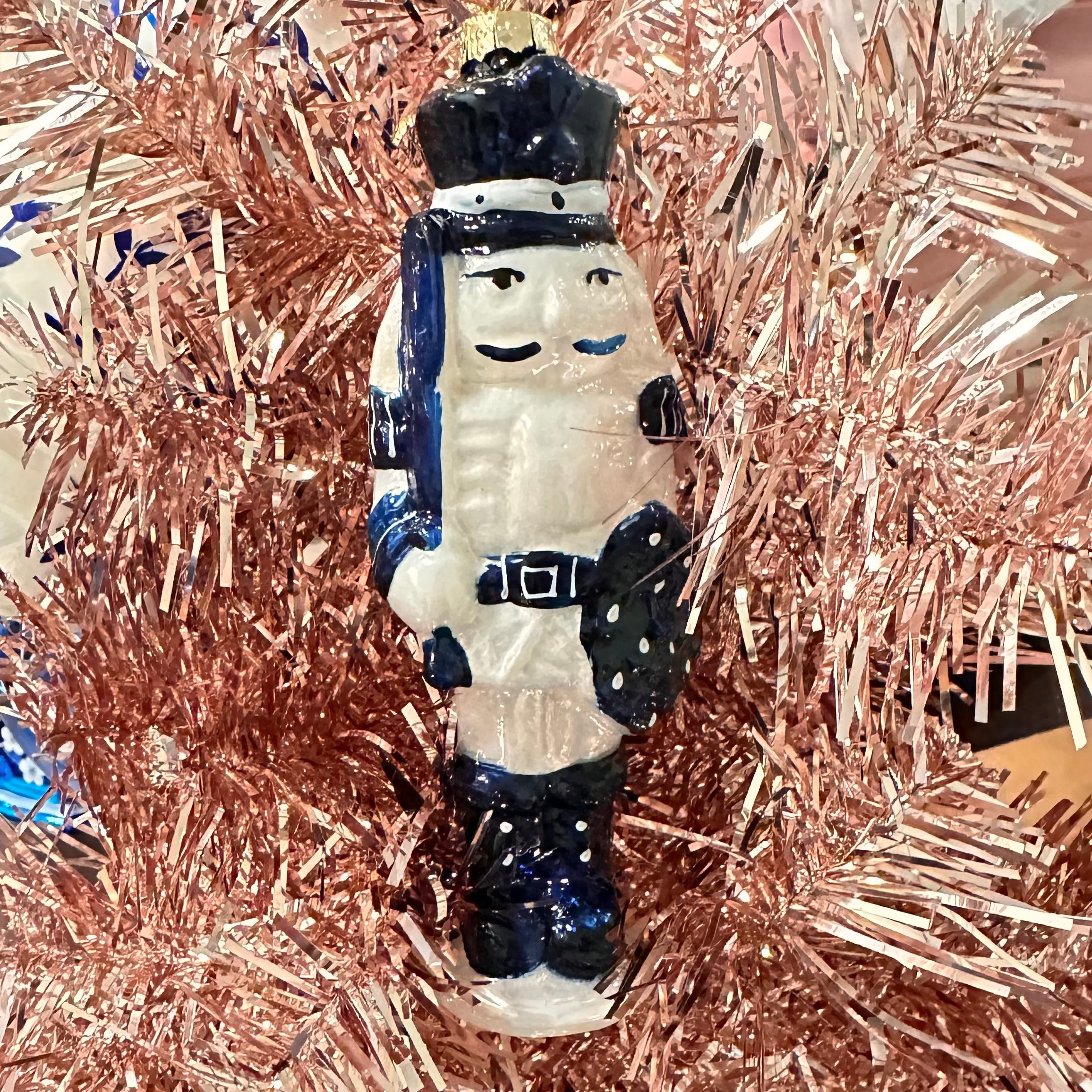 Blue and White Nutcracker Soldier with Sword and Shield Ornament