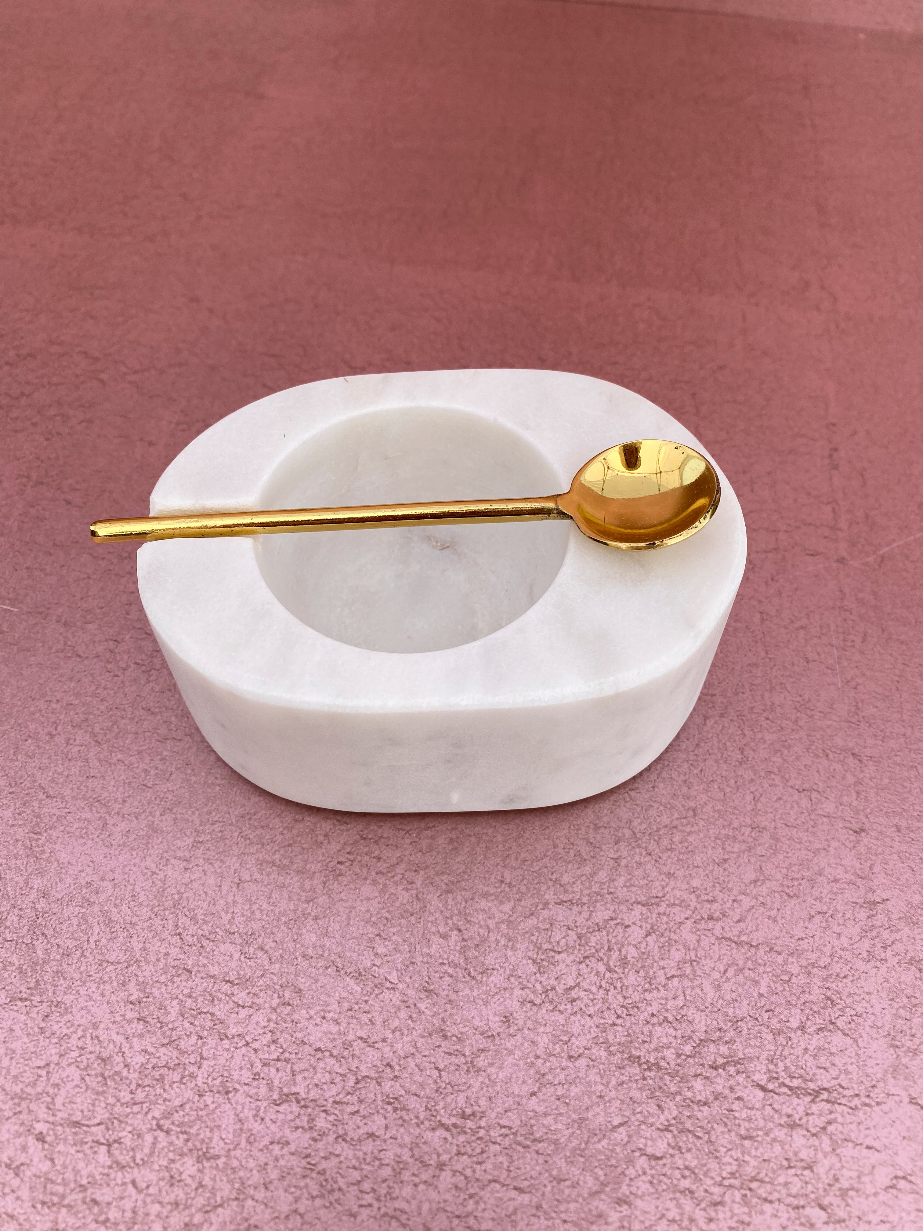 Tuscan White Marble Salt & Pepper Bowl w/ Gold Spoon