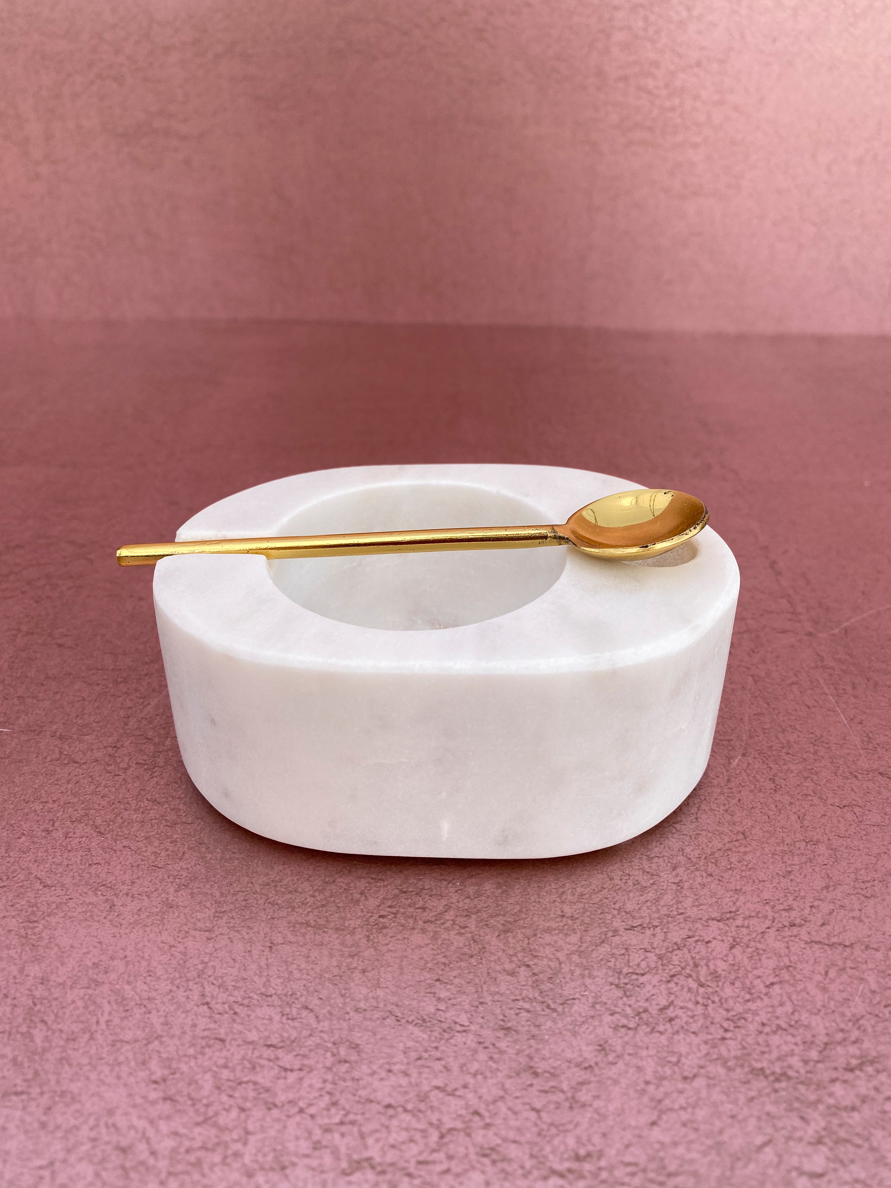 Tuscan White Marble Salt & Pepper Bowl w/ Gold Spoon