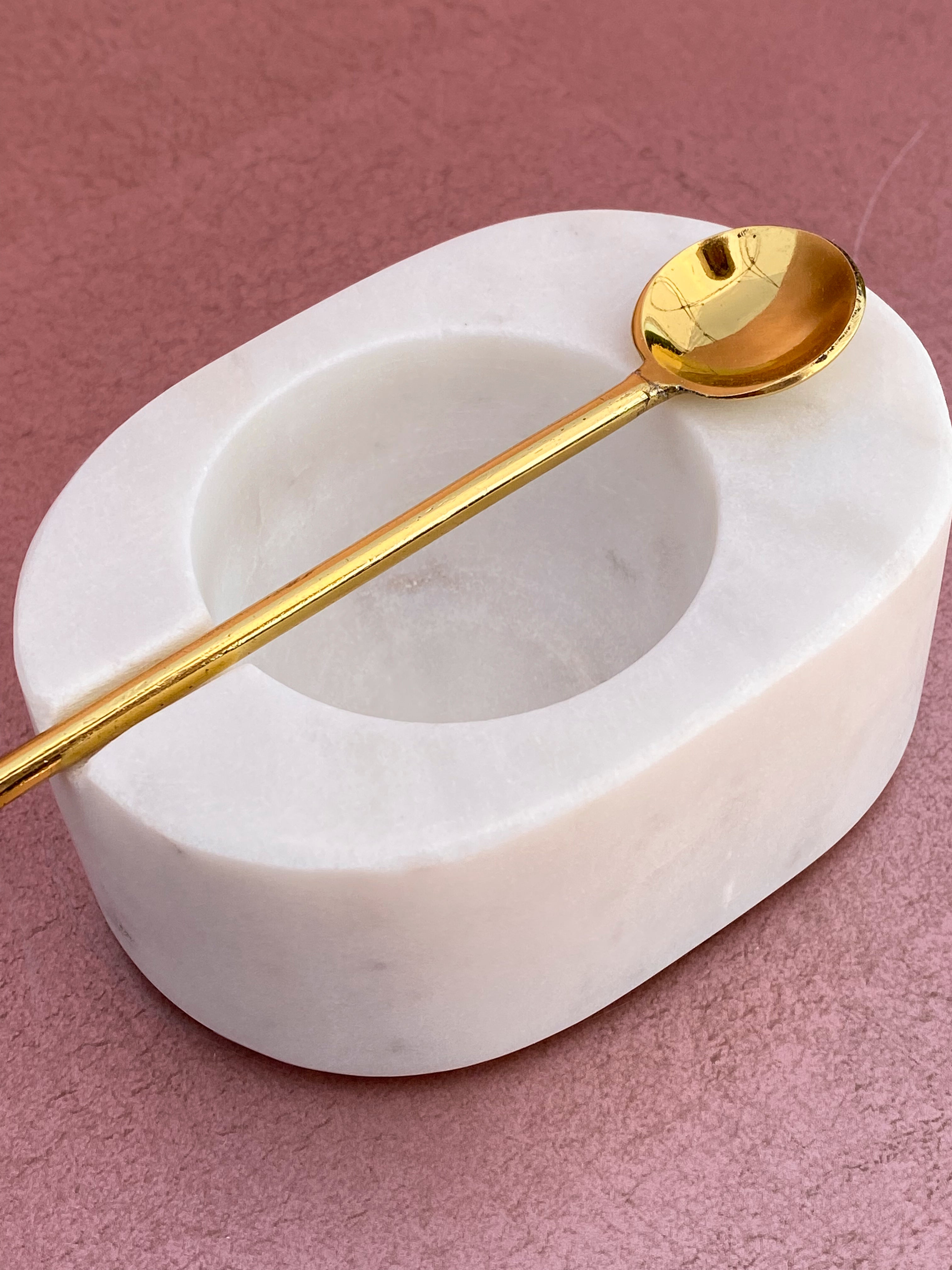 Tuscan White Marble Salt & Pepper Bowl w/ Gold Spoon